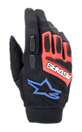 Alpinestars Full Bore XT handschoenen, off-road motorhandschoenen, zwart, felrood en blauw, voorzien van TPR knokkel- en vingerbescherming, ademende stretchstof, wit ASTARS-logo op rood paneel en blauw sterlogo