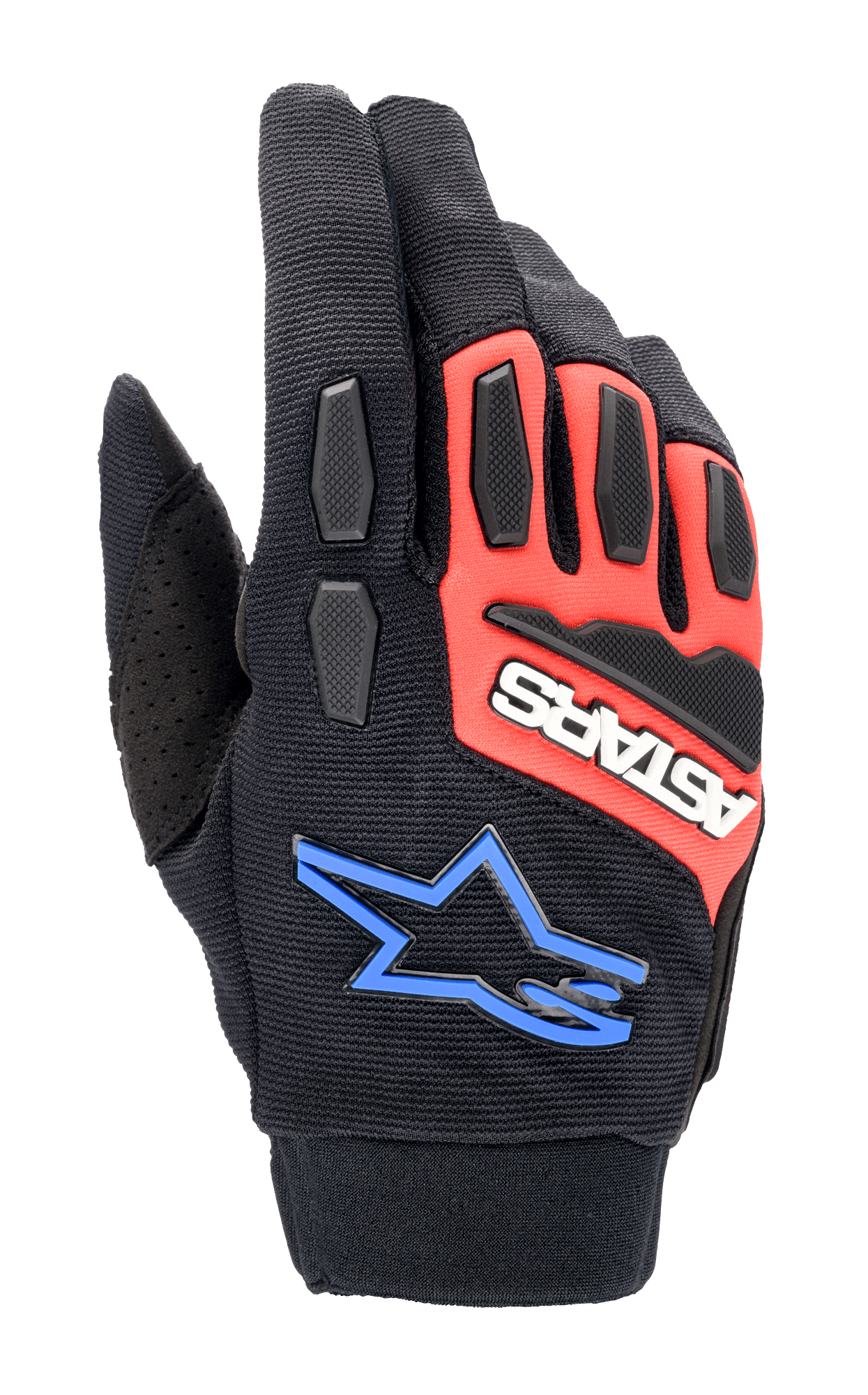 Alpinestars Full Bore XT handschoenen, off-road motorhandschoenen, zwart, felrood en blauw, voorzien van TPR knokkel- en vingerbescherming, ademende stretchstof, wit ASTARS-logo op rood paneel en blauw sterlogo