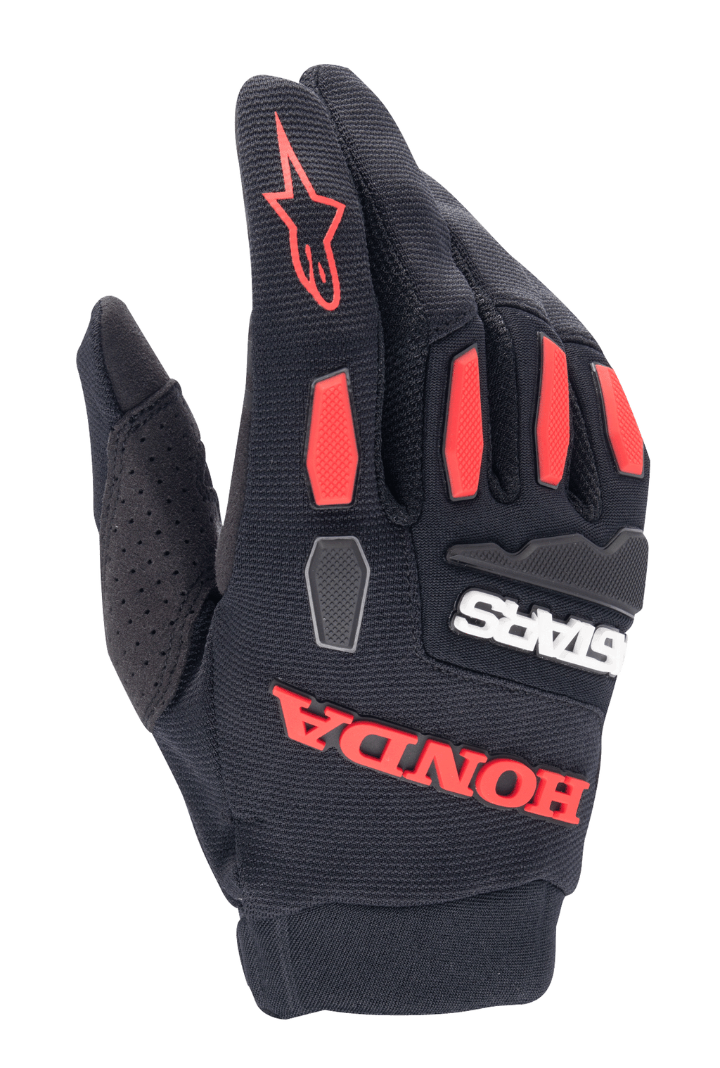 Alpinestars Honda Full Bore Handschuhe, Motocross-Handschuhe, Schwarz und leuchtendes Rot, mit TPR-Knöchelschutz und markantem gummiertem Honda-Branding, atmungsaktive Stretch-Textil-Konstruktion für Geländefahrten