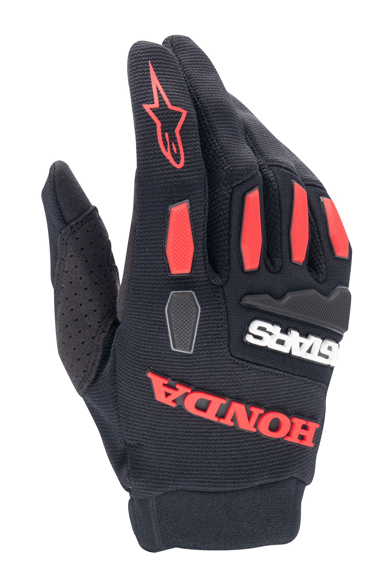 Alpinestars Honda Full Bore Handschuhe, Motocross-Handschuhe, Schwarz und leuchtendes Rot, mit TPR-Knöchelschutz und markantem gummiertem Honda-Branding, atmungsaktive Stretch-Textil-Konstruktion für Geländefahrten
