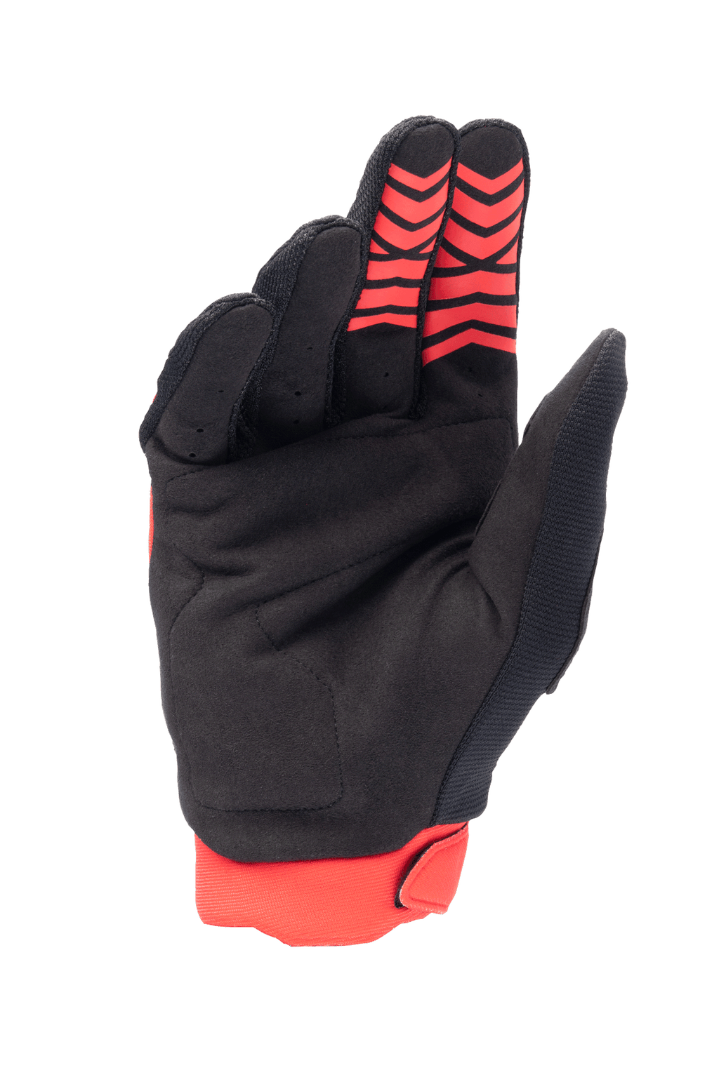 Alpinestars Honda Full Bore Handschuhe, Motocross-Handschuhe, Hellrot und Schwarz, Handflächenansicht mit synthetischem Wildledermaterial und roten Silikon-Gripmustern an den Fingerspitzen, rotes Stretch-Bündchen, strapazierfähiges Design für den Offroad-Rennsport