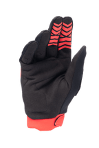Alpinestars Honda Full Bore Handschuhe, Motocross-Handschuhe, Hellrot und Schwarz, Handflächenansicht mit synthetischem Wildledermaterial und roten Silikon-Gripmustern an den Fingerspitzen, rotes Stretch-Bündchen, strapazierfähiges Design für den Offroad-Rennsport