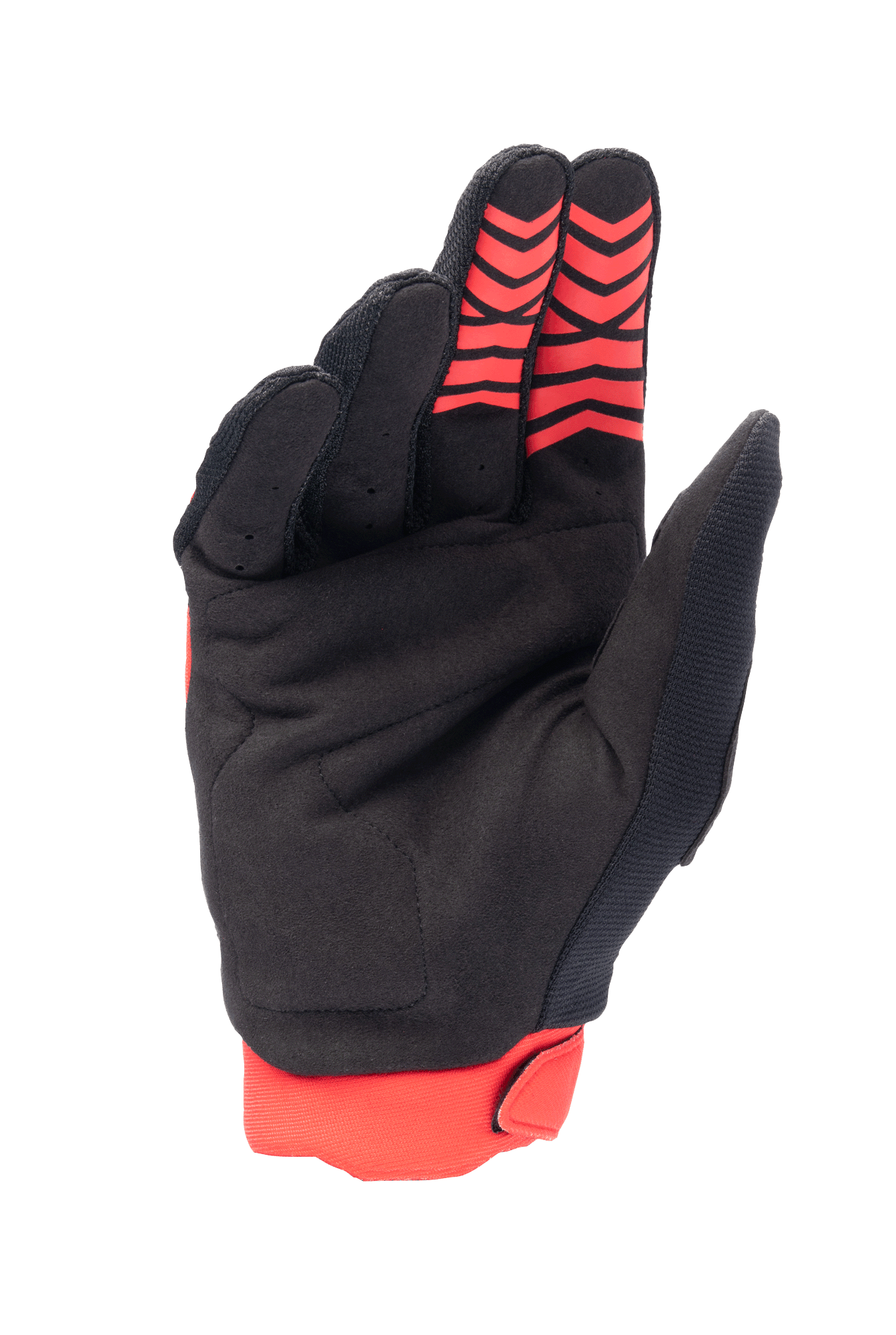 Alpinestars Honda Full Bore Handschuhe, Motocross-Handschuhe, Hellrot und Schwarz, Handflächenansicht mit synthetischem Wildledermaterial und roten Silikon-Gripmustern an den Fingerspitzen, rotes Stretch-Bündchen, strapazierfähiges Design für den Offroad-Rennsport