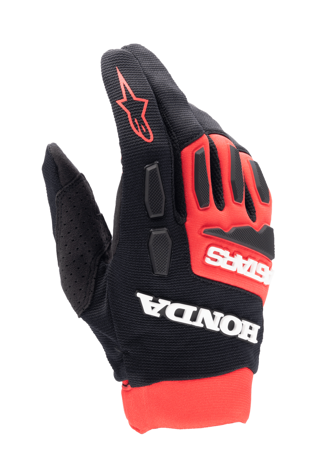 Alpinestars Honda Full Bore Handschuhe, Motocross-Handschuhe, leuchtendes Rot und Schwarz, markantes weißes Honda- und Astars-Branding, TPR-Knöchelschutz, atmungsaktive Stretch-Textilkonstruktion und rotes Stern-Logo auf dem Finger, sportliches Offroad-Rennsport-Design