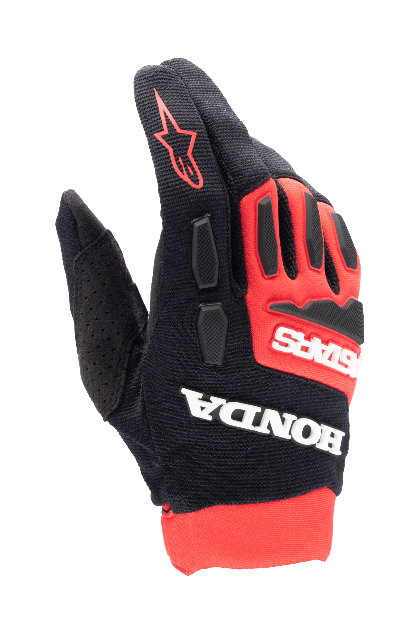Alpinestars Honda Full Bore Handschuhe, Motocross-Handschuhe, leuchtendes Rot und Schwarz, markantes weißes Honda- und Astars-Branding, TPR-Knöchelschutz, atmungsaktive Stretch-Textilkonstruktion und rotes Stern-Logo auf dem Finger, sportliches Offroad-Rennsport-Design