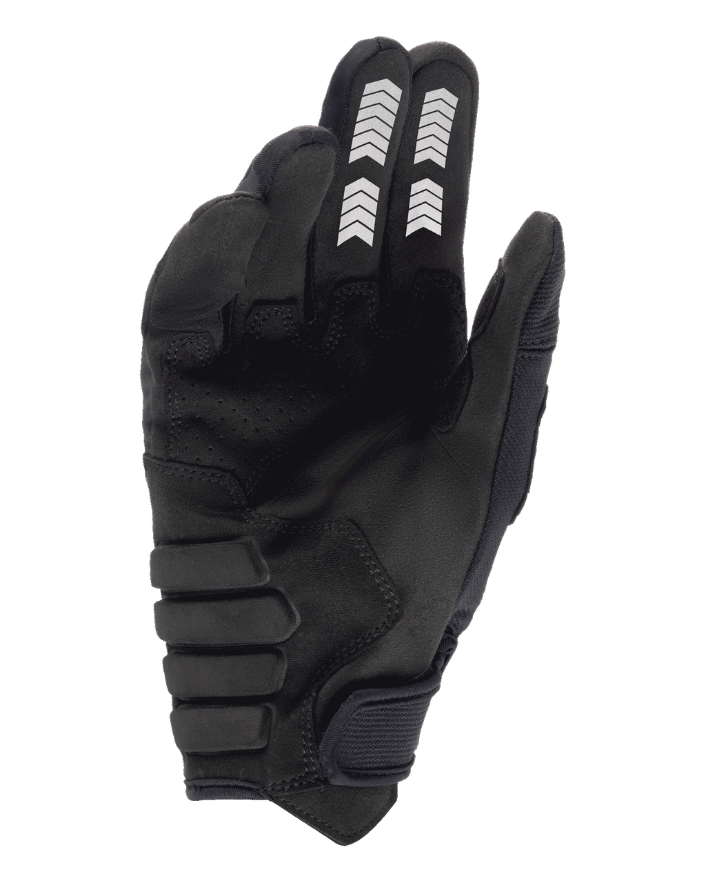 Alpinestars Techdura handschoenen, enduro handschoenen, zwart, palmzicht met constructie van synthetisch suède, witte chevron-graphics op wijs- en middelvinger, versterkte gewatteerde palm en klittenband polssluiting