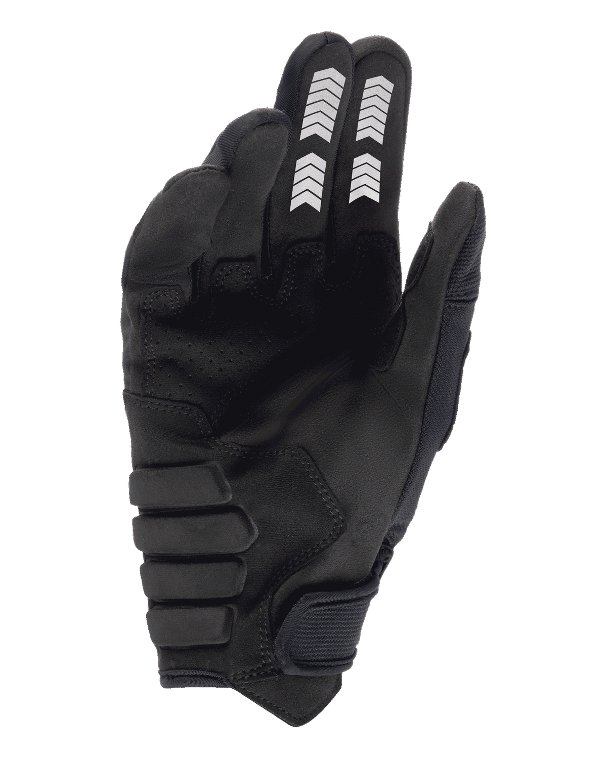 Alpinestars Techdura handschoenen, enduro handschoenen, zwart, palmzicht met constructie van synthetisch suède, witte chevron-graphics op wijs- en middelvinger, versterkte gewatteerde palm en klittenband polssluiting