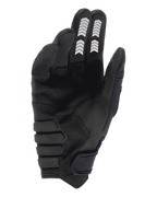 Alpinestars Techdura handschoenen, enduro handschoenen, zwart, palmzicht met constructie van synthetisch suède, witte chevron-graphics op wijs- en middelvinger, versterkte gewatteerde palm en klittenband polssluiting