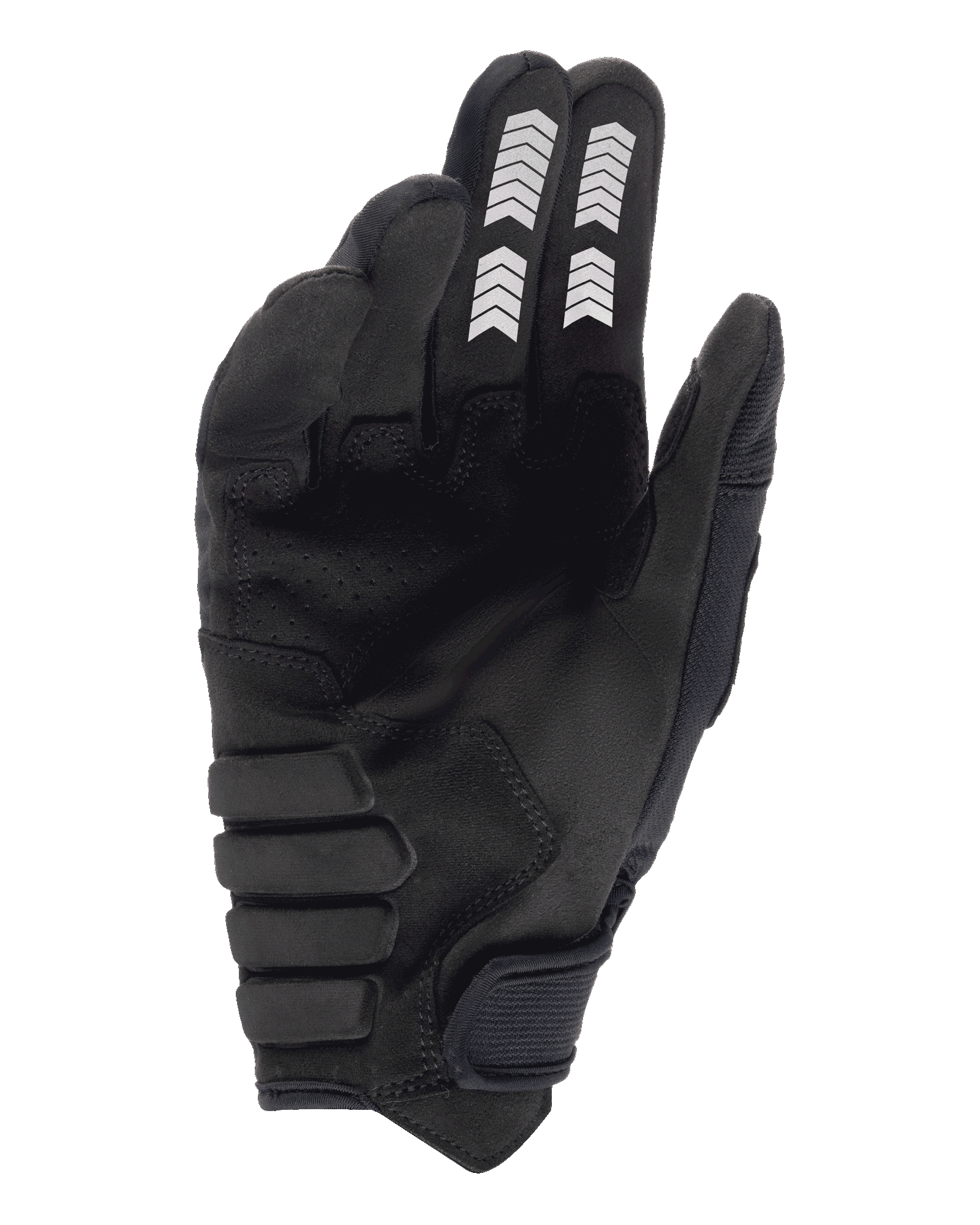 Alpinestars Techdura handschoenen, enduro handschoenen, zwart, palmzicht met constructie van synthetisch suède, witte chevron-graphics op wijs- en middelvinger, versterkte gewatteerde palm en klittenband polssluiting