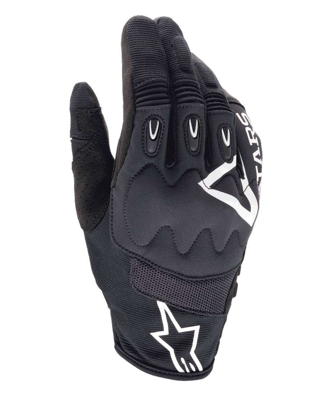 Alpinestars Techdura handschoenen, enduro motorhandschoenen, zwart met wit Alpinestars-logo, visco-elastische knokkelbescherming, TPR-vingerinzetstukken, ademend mesh en stretchtextiel, off-road motorkleding