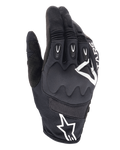 Alpinestars Techdura handschoenen, enduro motorhandschoenen, zwart met wit Alpinestars-logo, visco-elastische knokkelbescherming, TPR-vingerinzetstukken, ademend mesh en stretchtextiel, off-road motorkleding