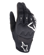 Alpinestars Techdura handschoenen, enduro motorhandschoenen, zwart met wit Alpinestars-logo, visco-elastische knokkelbescherming, TPR-vingerinzetstukken, ademend mesh en stretchtextiel, off-road motorkleding