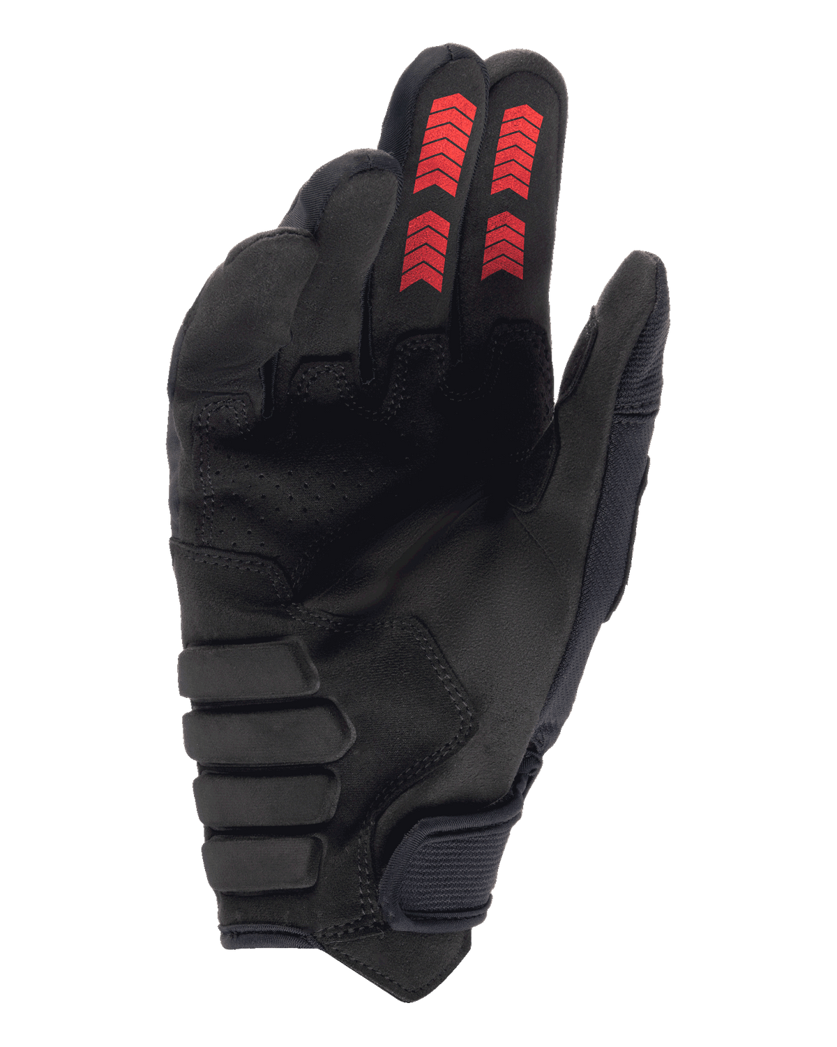 Alpinestars Techdura handschoenen, off-road enduro handschoenen, zwart met Fire Red, zicht op de handpalm met versterkt synthetisch suède, rode chevron-graphics op de vingertoppen en klittenbandsluiting bij de pols.