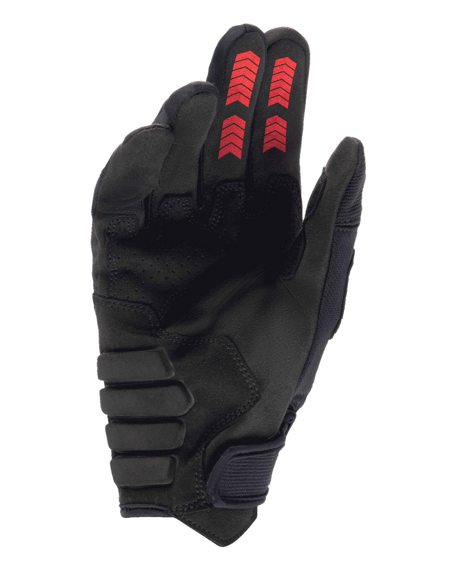 Gants Alpinestars Techdura, gants d'enduro tout-terrain, noir et rouge feu, vue côté paume avec suédine synthétique renforcée, graphismes en chevrons rouges sur le bout des doigts et fermeture auto-agrippante au poignet.