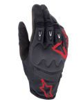 Gants Alpinestars Techdura, Fire Red Black, gants de motocross et d'enduro, tissu texturé noir avec logos étoile rouges, protection renforcée des articulations et des doigts, panneaux en mesh respirant, équipement de moto tout-terrain durable