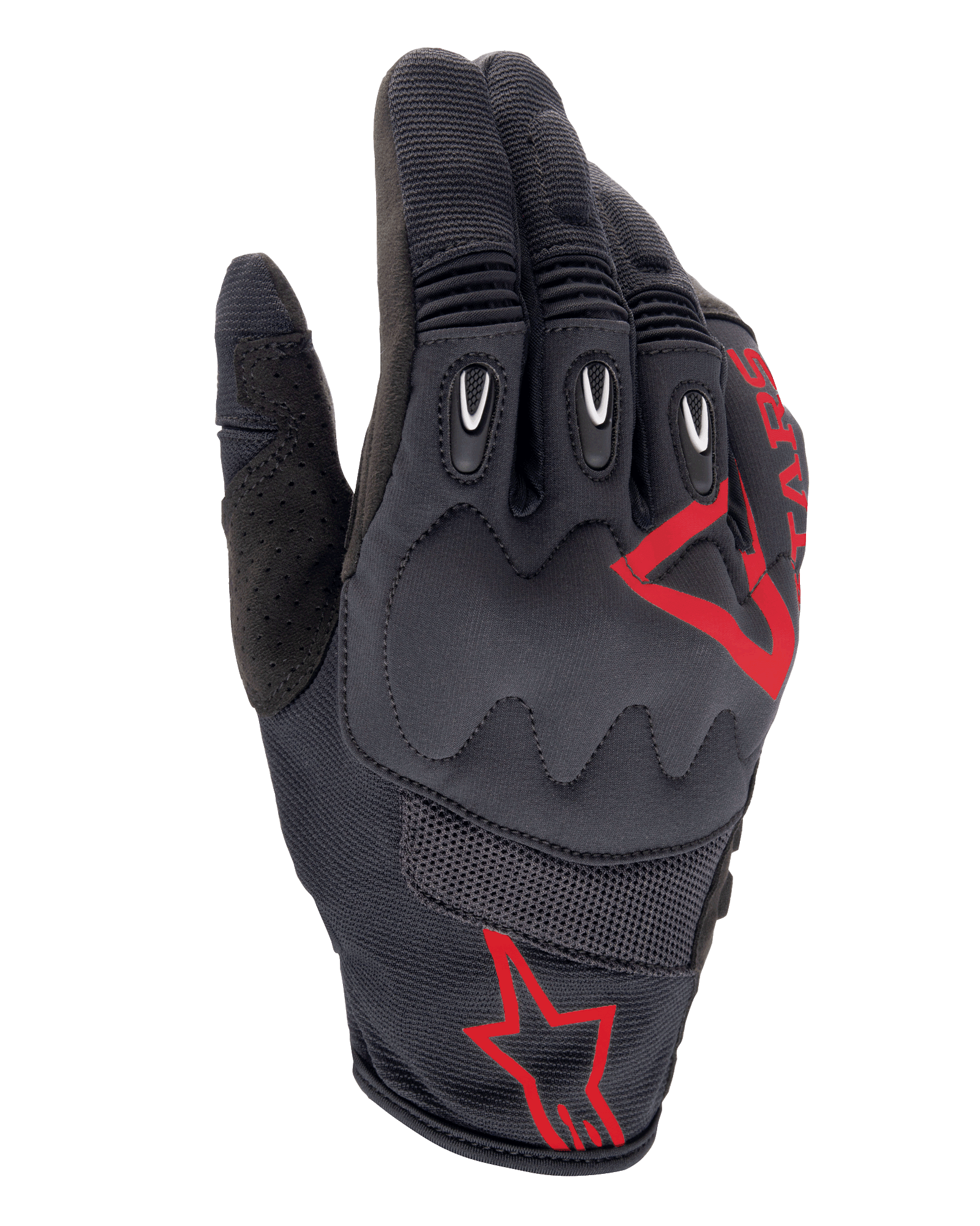 Gants Alpinestars Techdura, Fire Red Black, gants de motocross et d'enduro, tissu texturé noir avec logos étoile rouges, protection renforcée des articulations et des doigts, panneaux en mesh respirant, équipement de moto tout-terrain durable