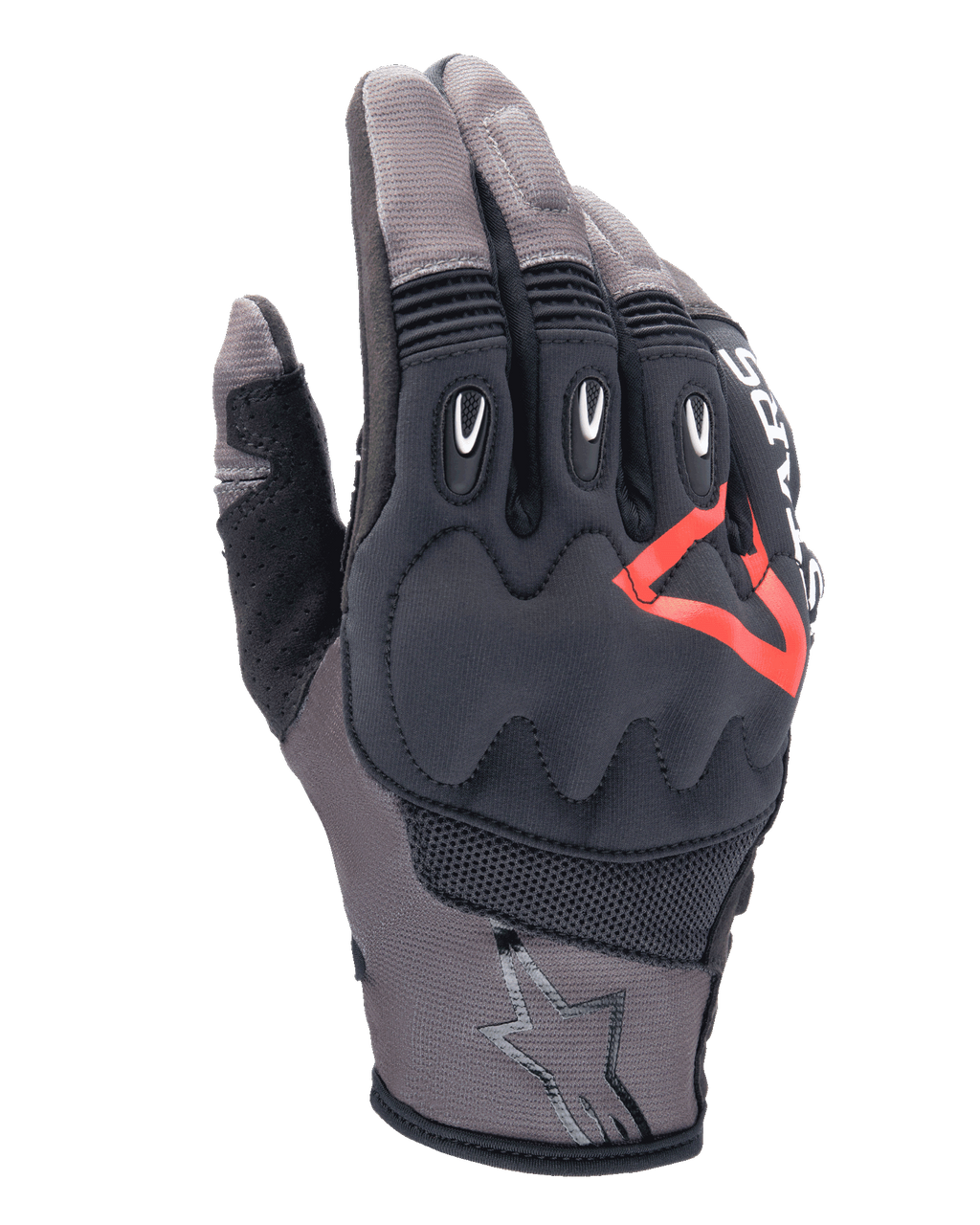 Alpinestars Techdura handschoenen, motorhandschoenen, Falcon Brown en zwart met rood accent, gewatteerde knokkelbescherming, ademend mesh en stretchstof, beschermende vinger-inzetstukken, sterlogo op de manchet