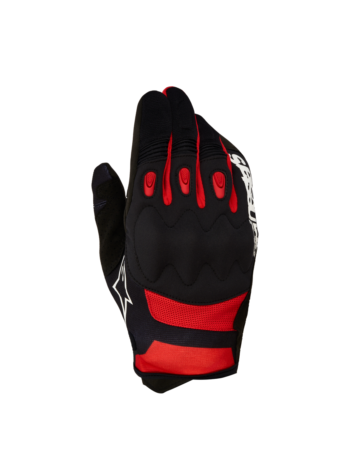 Alpinestars 2027 Techdura Gloves, Black and Bright Red motocross gloves with viscoelastic knuckle protection.
