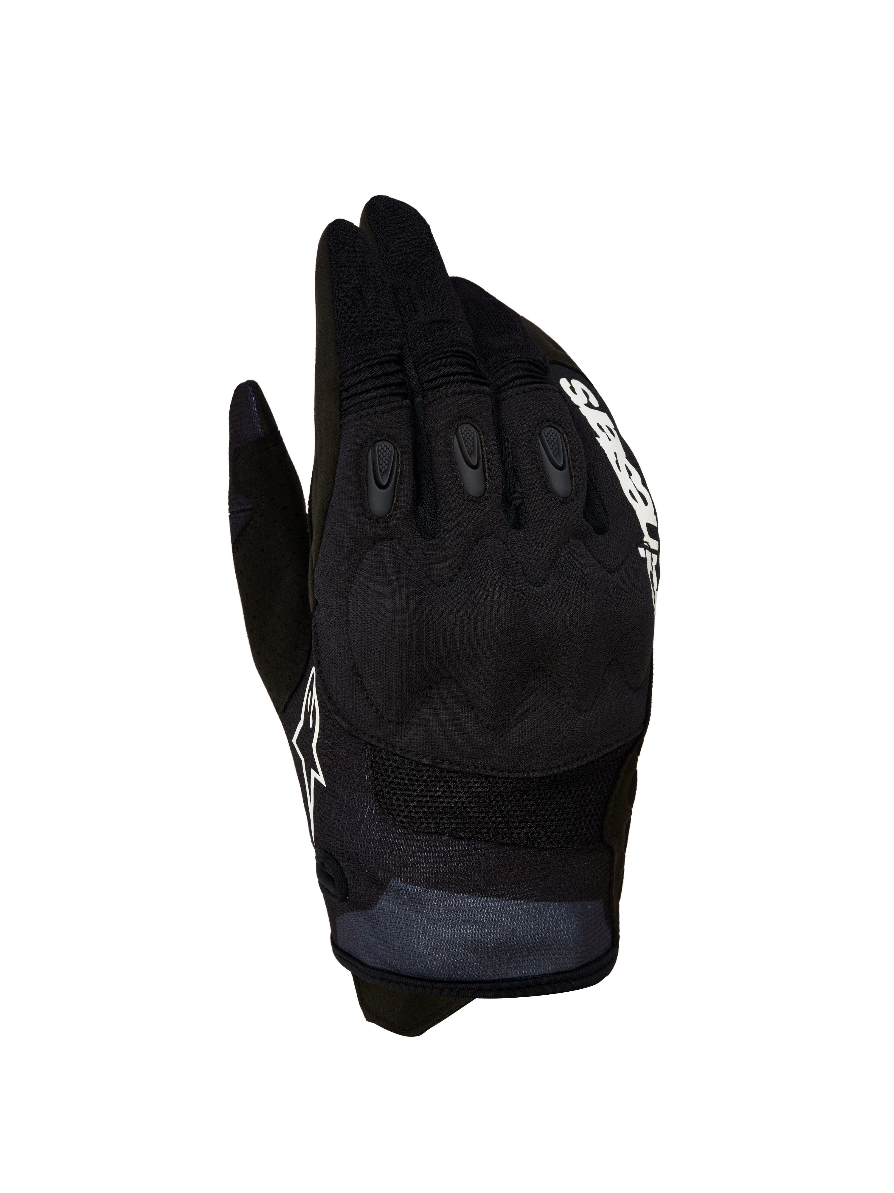 Alpinestars Techdura Gloves, black and white performance motocross gloves for men with reinforced knuckles for off-road riding.