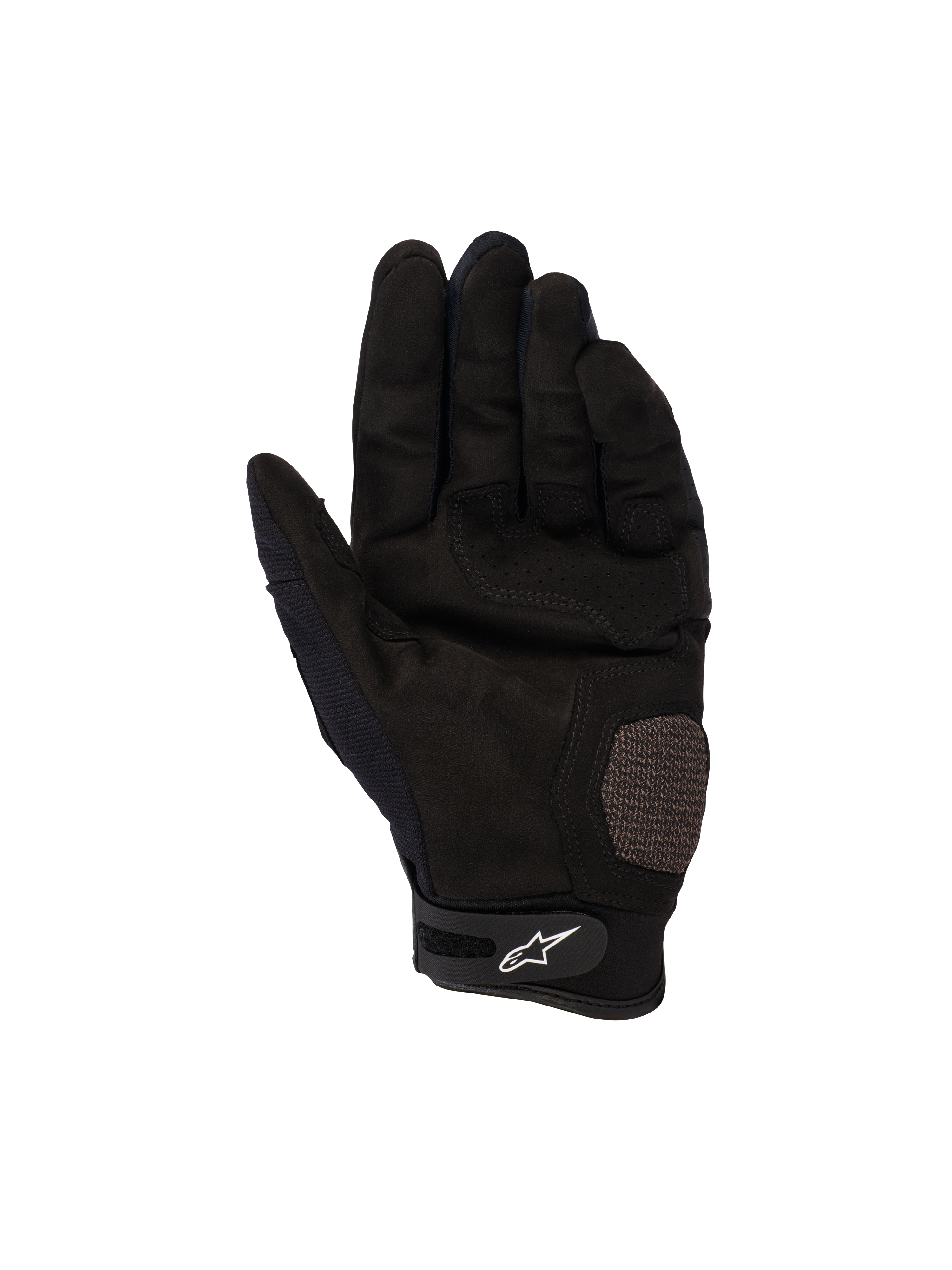 Alpinestars Megawatt V2 Handschuhe, Motocross- und Enduro-Handschuhe, Schwarz, Handflächenansicht mit verstärkten Handflächen- und Daumenbereichen, perforierte Textur zur Belüftung, Klettverschluss am Handgelenk mit weißem Alpinestars-Logo