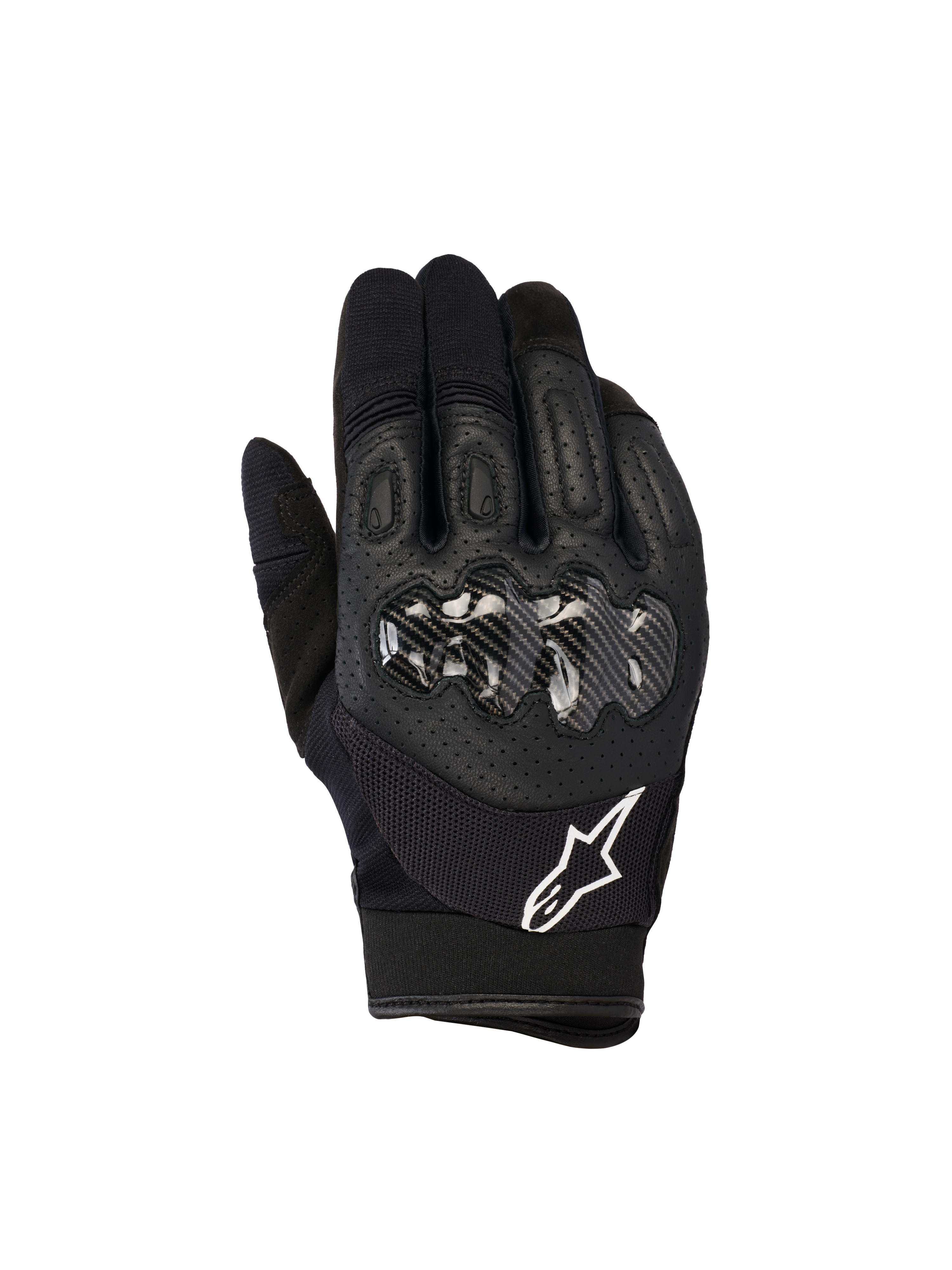Alpinestars Megawatt V2 Handschuhe, Motocross- und Enduro-Handschuhe, Schwarz, Hartschalen-Knöchelschutz mit Carbon-Optik, perforiertes Leder auf der Oberhand für Atmungsaktivität, weißes Alpinestars Logo am Bündchen, strapazierfähiger Offroad-Schutz