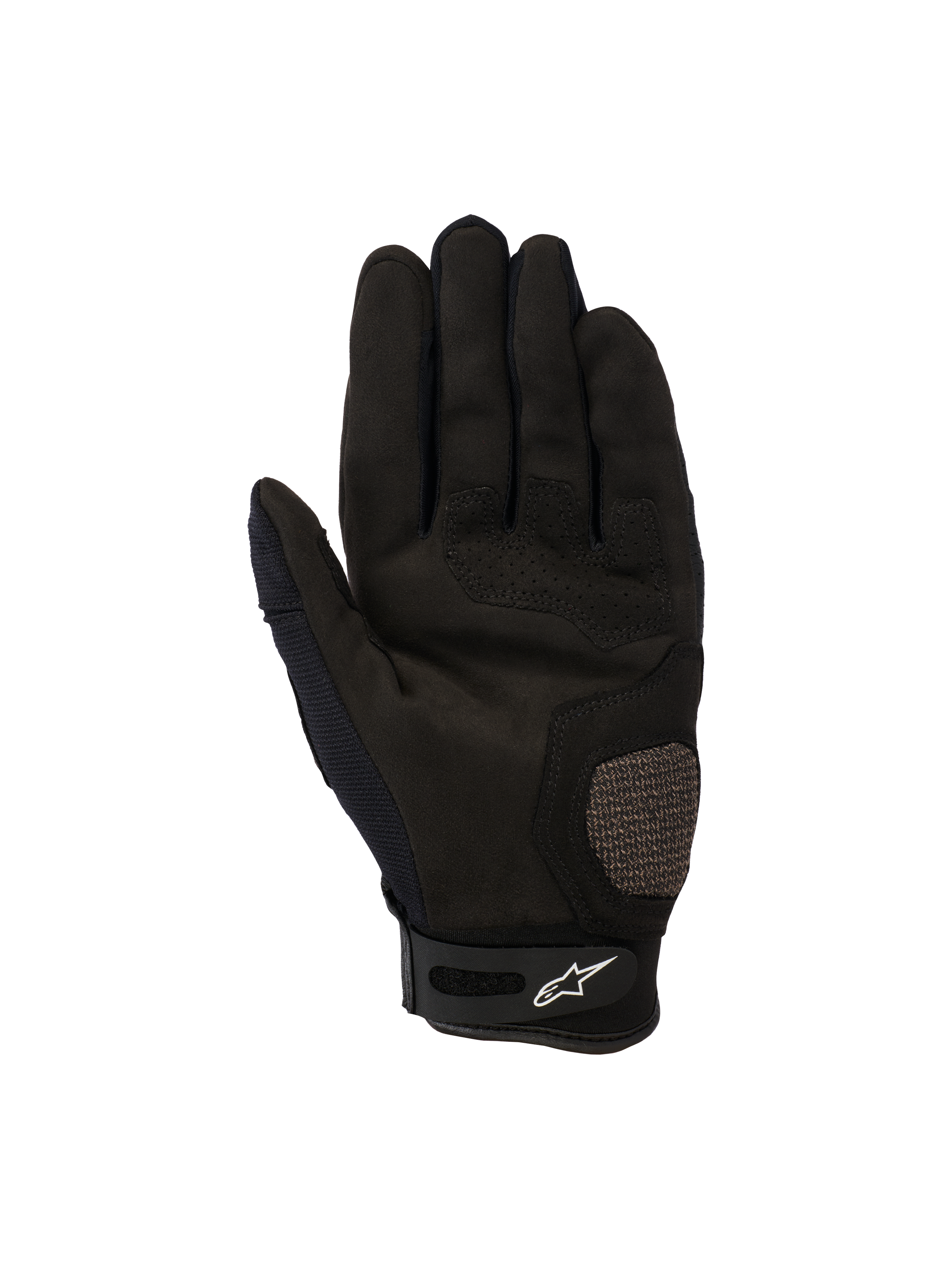 Alpinestars Megawatt V2-handschoenen, motocross- en endurohandschoenen, zwart, handpalmweergave met versterkte zones bij de duim en handpalm, geperforeerde details voor luchtstroom en een klittenbandsluiting aan de pols met het Alpinestars-logo.