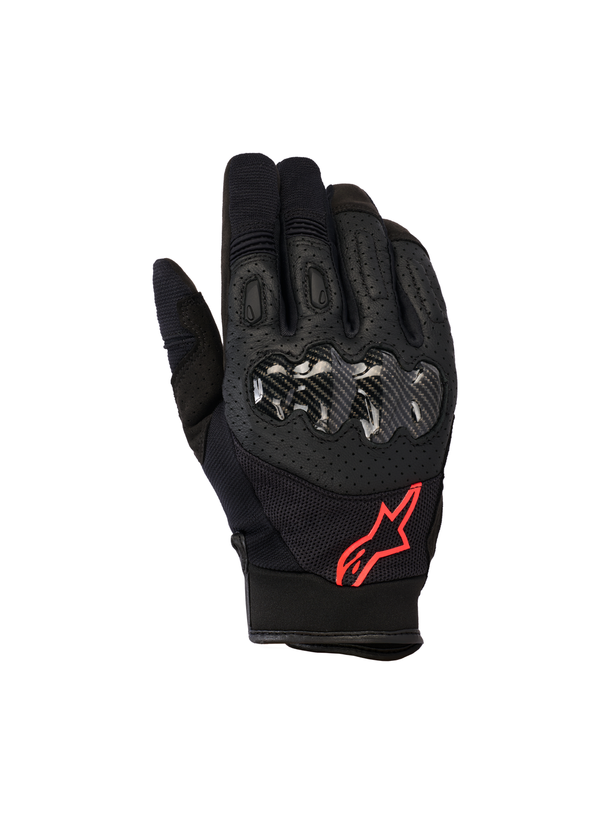 Gants Alpinestars Megawatt V2, gants de motocross, noir et rouge fluo, avec protection rigide des articulations à texture carbone, cuir perforé pour la ventilation et logo étoile rouge, équipement tout-terrain durable