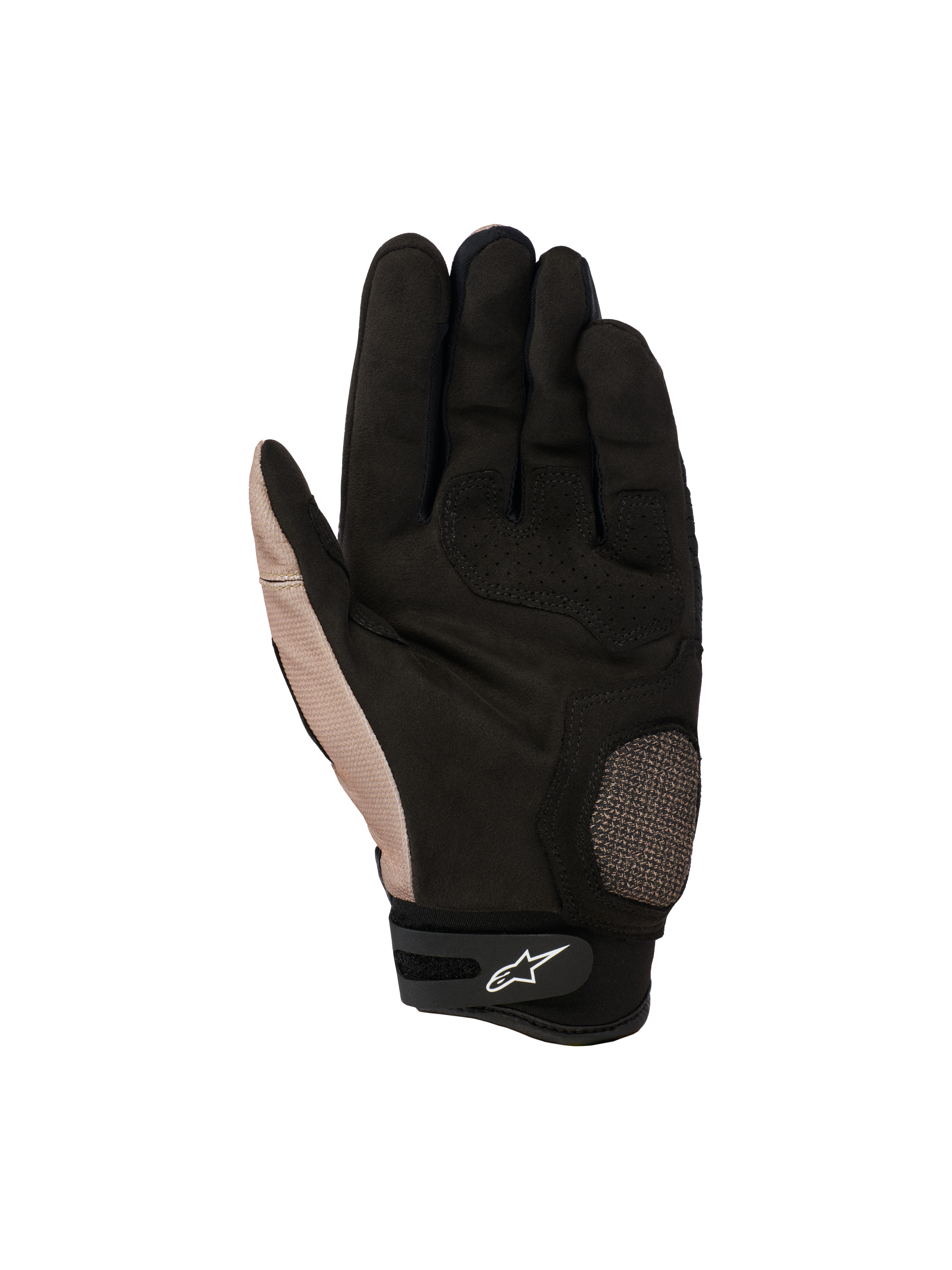 Gants Alpinestars Megawatt V2, gants de motocross tout-terrain, Stone Black, vue de la paume montrant les zones renforcées du pouce et de la paume, grip texturé et ajustement du poignet par Velcro avec le logo Alpinestars blanc.