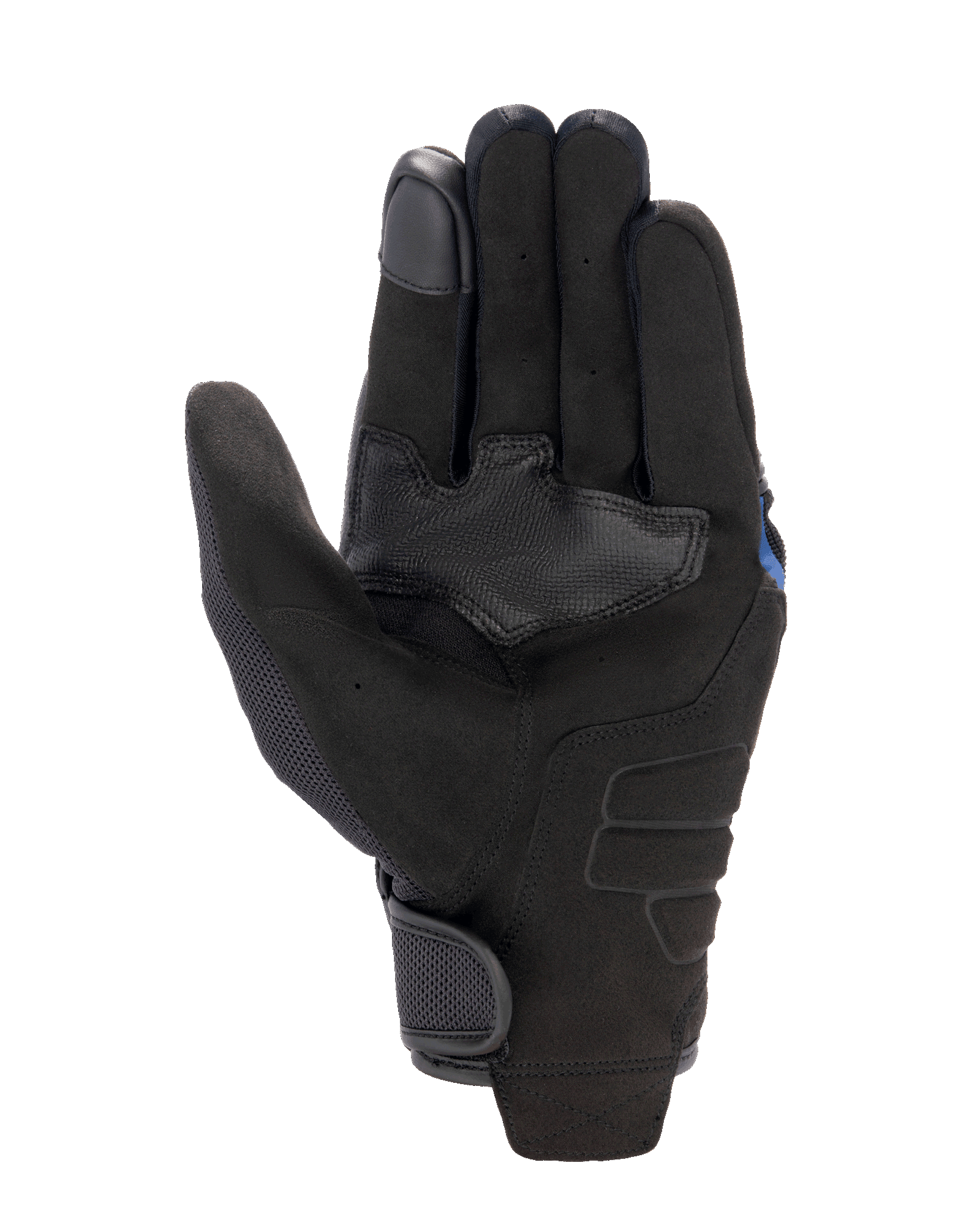 Alpinestars FQ20 Copper handschoenen, urbane motorhandschoenen, zwart, aanzicht van de handpalm met synthetisch suède materiaal, getextureerde grip-verstevigingspatch, mesh-panelen op de duim en een klittenbandsluiting aan de pols.