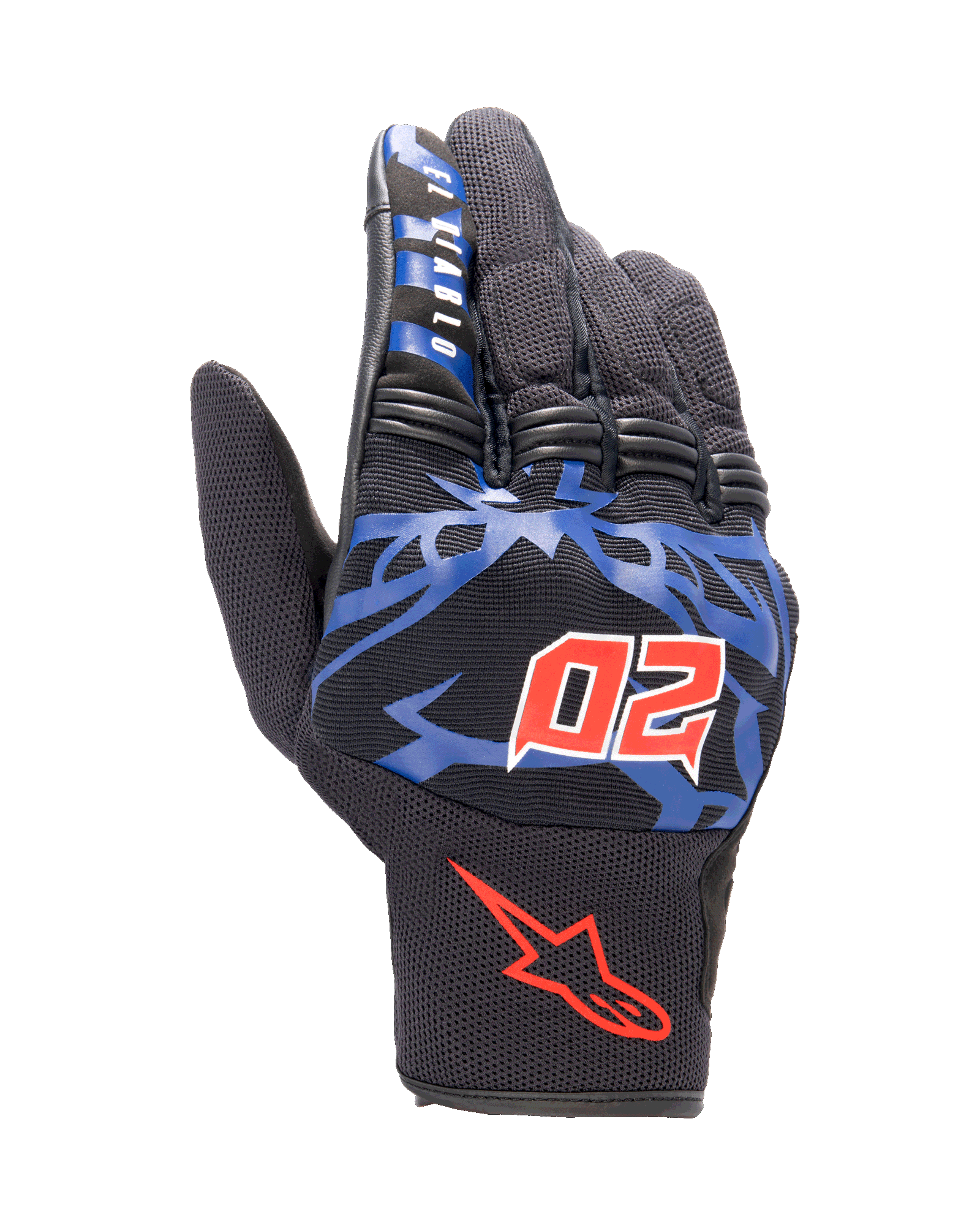 Gants Alpinestars FQ20 Copper, gants de moto urbains, noirs avec graphismes bleus et accents rouge vif, arborant le numéro 20 rouge à cornes et l'inscription « El Diablo » sur l'index, fabrication en tissu mesh avec manchette courte