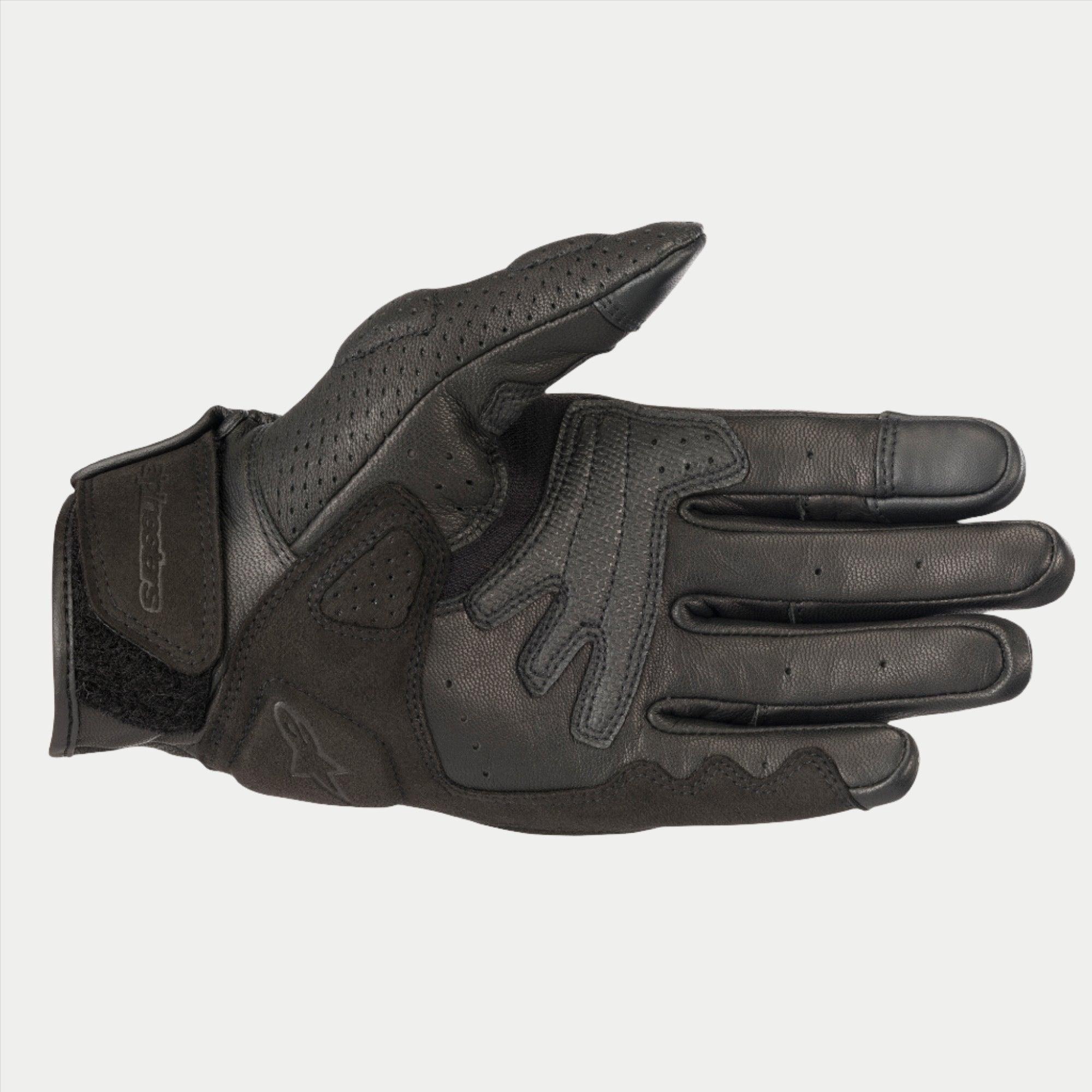 Alpinestars Mustang V2-handschoenen, zwarte leren motorhandschoenen, palmaanzicht met geperforeerd leer, synthetische suède versterkingen en klittenbandsluiting bij de pols, urban weguitrusting