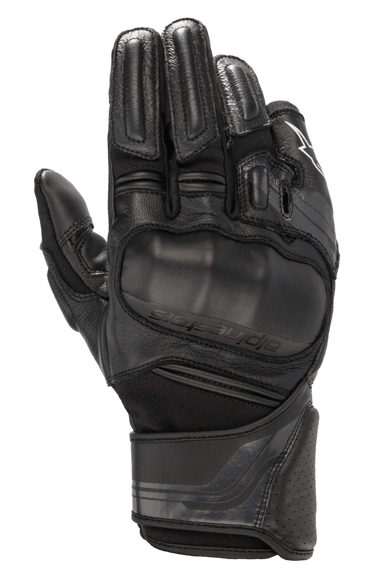 Alpinestars Booster V2 Handschuhe, schwarze Motorradhandschuhe, mit überformtem viskoelastischem Knöchelschutz, mehrteiliger Leder- und Textilkonstruktion, gepolstertem Fingerschutz, perforierter Ledermanschette und verstellbarem Handgelenksriemen