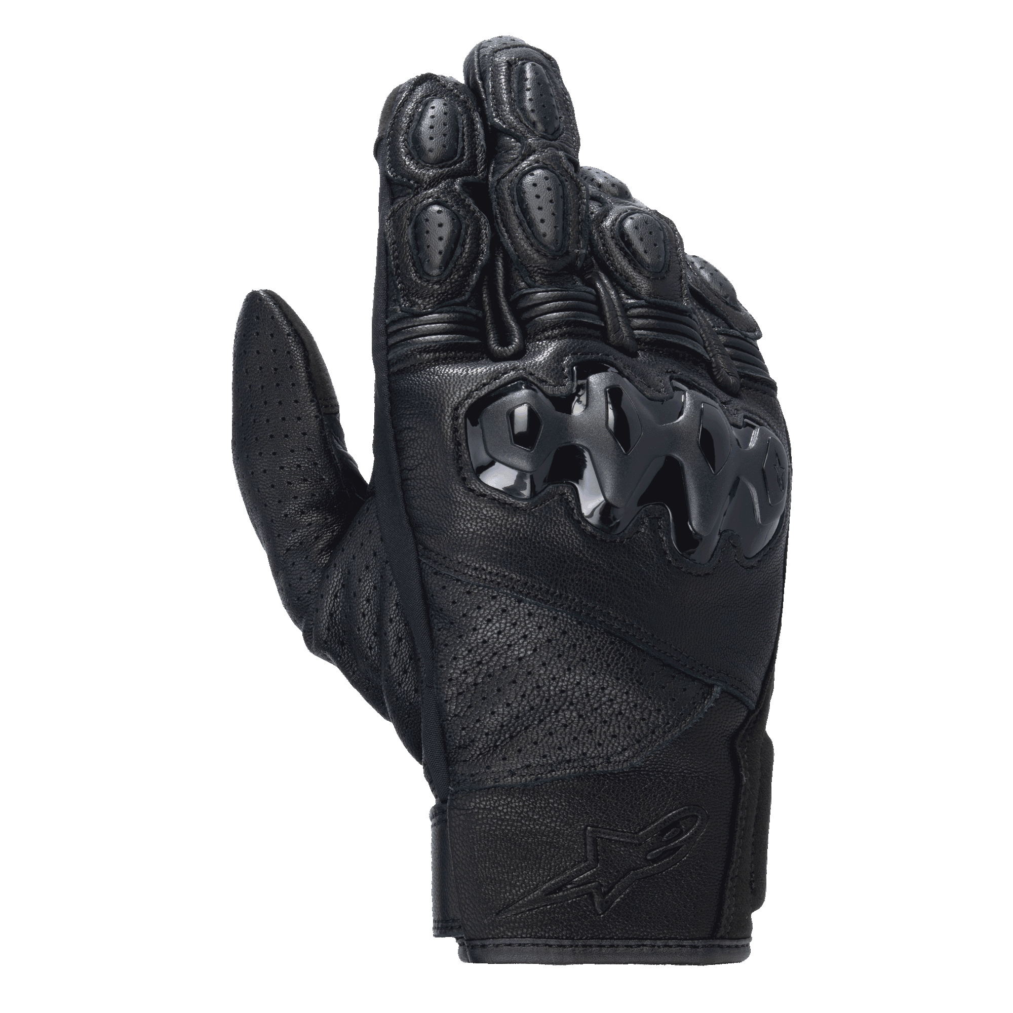Alpinestars Celer V3 Gloves, Short Cuff Leather Motorcycle Gloves, Black, featuring hard PU knuckle protection and perforated leather panels, designed for road and urban riding with embossed branding