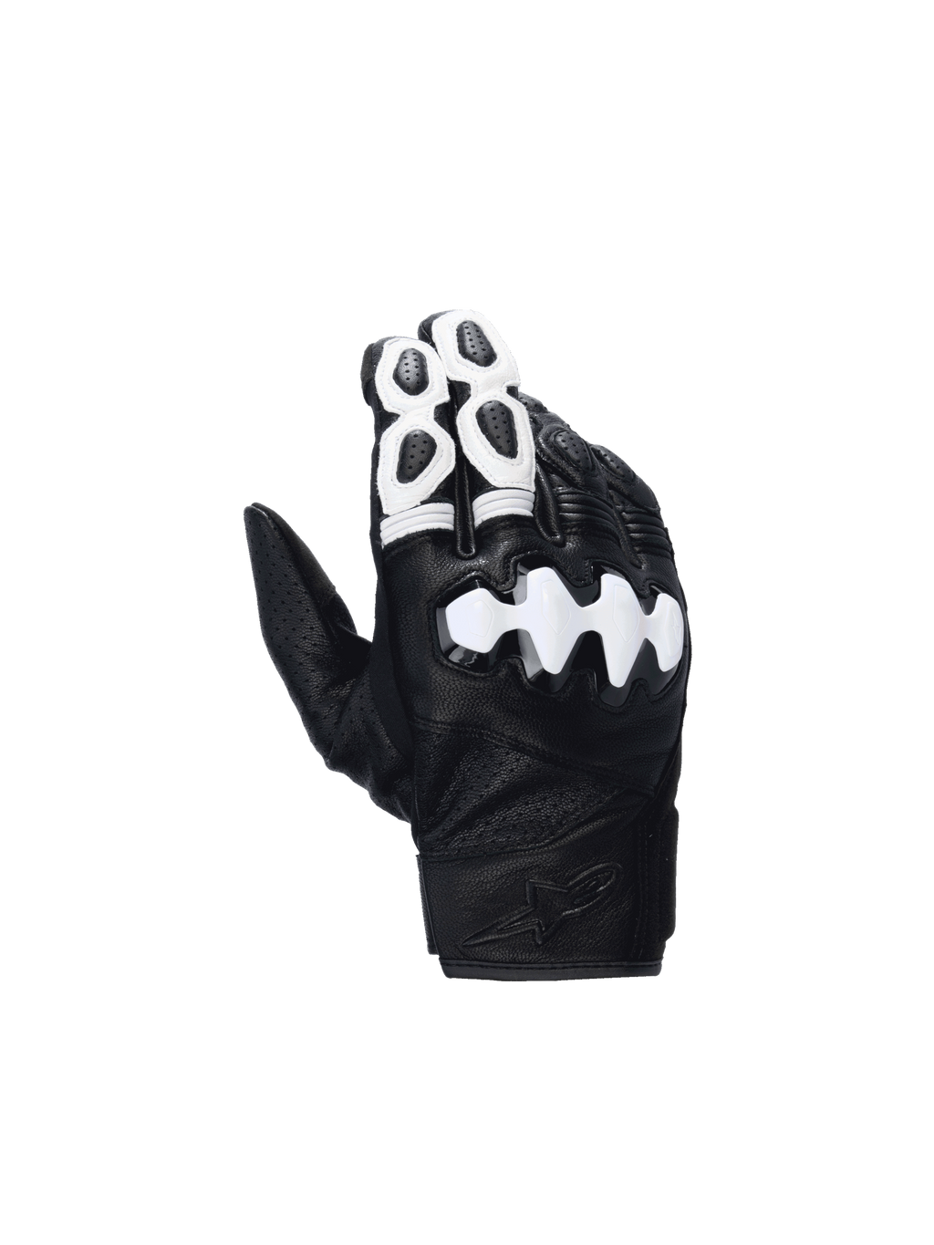 Alpinestars Celer V3 handschoenen, motorhandschoenen van zwart en wit geitenleer, harde knokkelbescherming, CE-gecertificeerd.