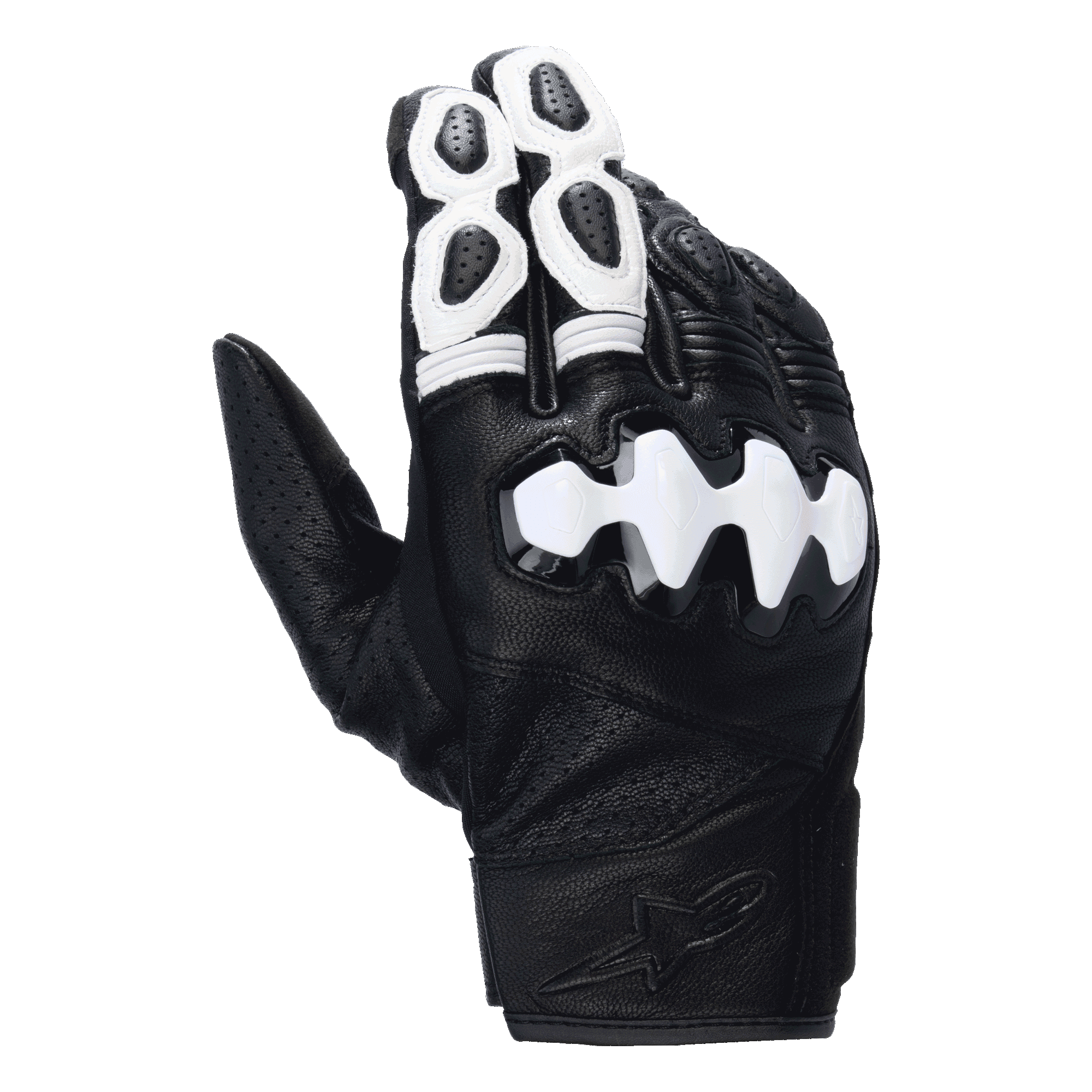 Alpinestars Celer V3 handschoenen, motorhandschoenen met korte manchet, zwart en wit, met een witte gesegmenteerde harde knokkelbeschermer, geperforeerd geitenleer en witte accenten op de vingers met een logo in reliëf op de pols