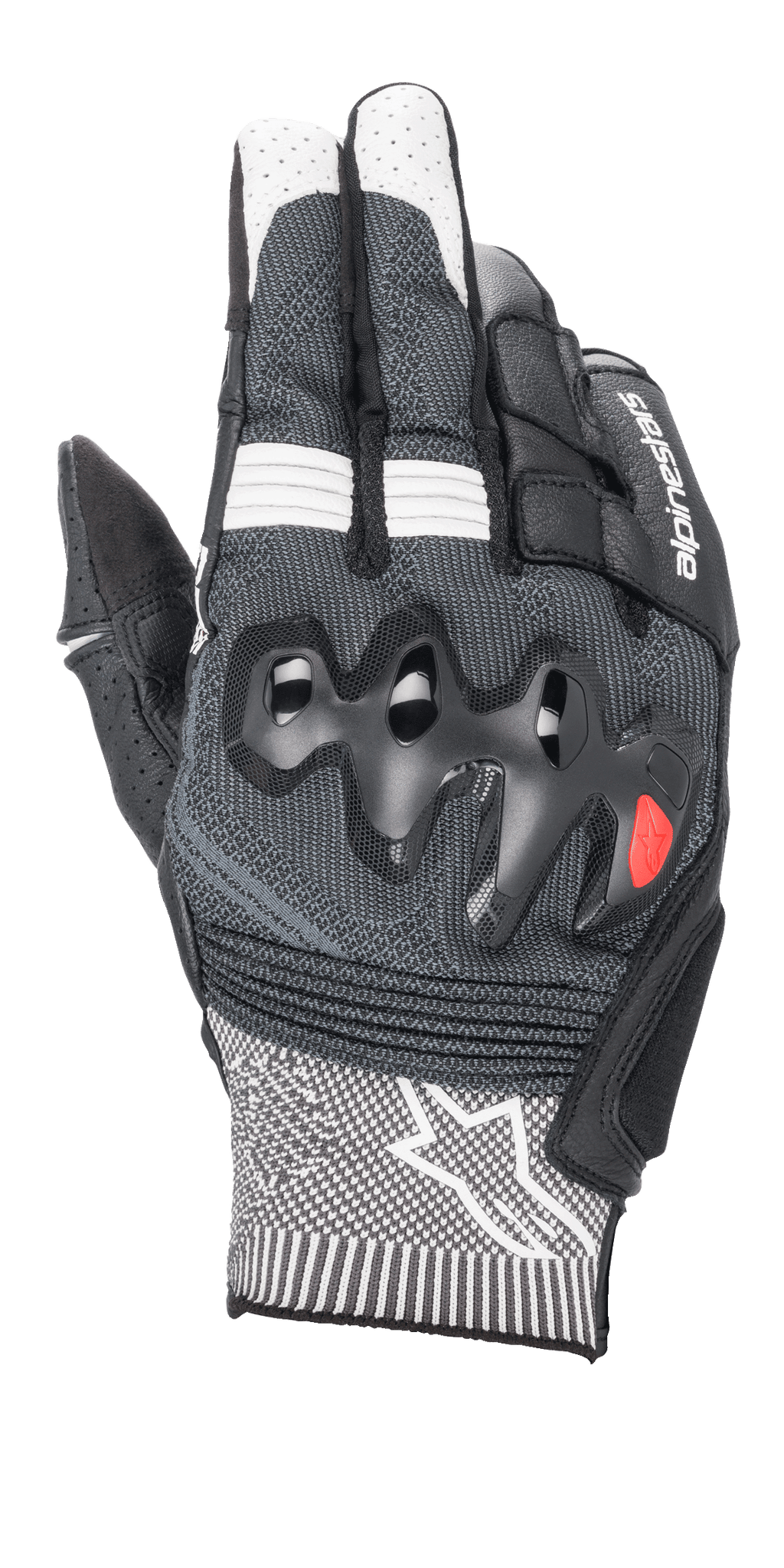 Gants Alpinestars Morph Sport, gants de moto, noir et blanc, avec revers en MorphTech Weave gris, protection des articulations sur-injectée, inserts RIDEKNIT et logo étoile blanc sur la manchette