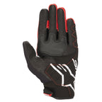 Alpinestars Honda SMX-2 Air Carbon V2 handschoenen, motorhandschoenen, zwart en rood, handpalmaanzicht met lederen constructie en 3D-mesh, wit Alpinestars-logo, versterkte handpalm en duim voor extra grip, kort manchetontwerp.