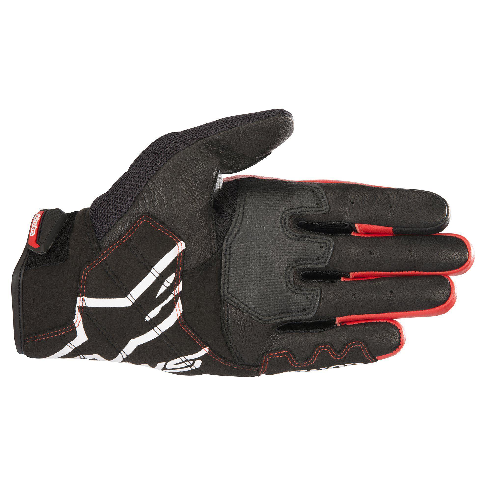Alpinestars Honda SMX-2 Air Carbon V2 handschoenen, motorhandschoenen, zwart en rood, handpalmaanzicht met lederen constructie en 3D-mesh, wit Alpinestars-logo, versterkte handpalm en duim voor extra grip, kort manchetontwerp.