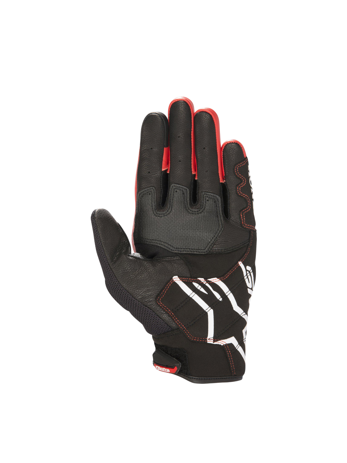 Alpinestars Honda SMX-2 Air Carbon V2 motorhandschoenen, zwart en rood, leer en mesh, handpalmaanzicht.