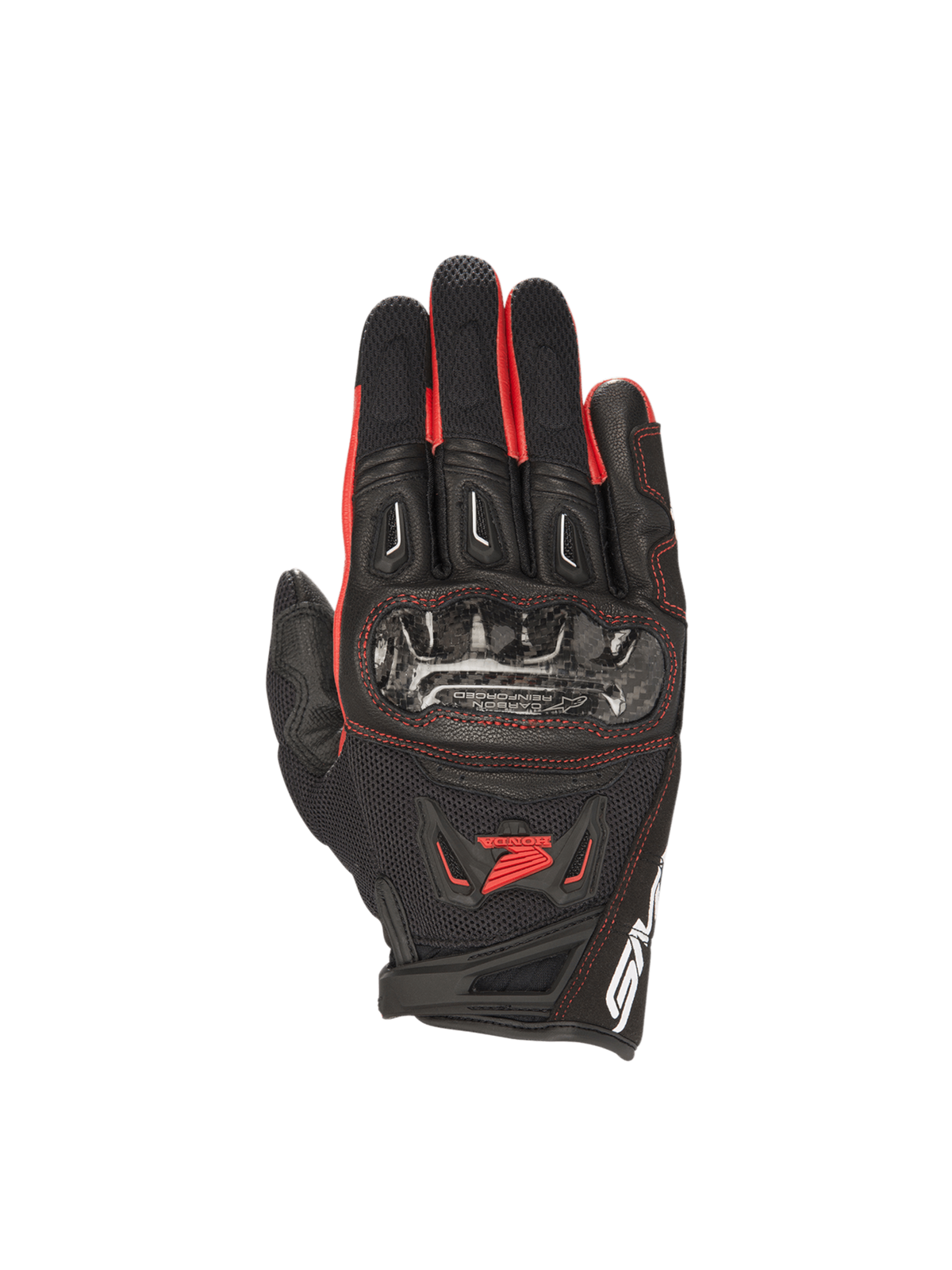 Alpinestars Honda SMX-2 Air Carbon V2 road gloves for men, black and red, with carbon knuckle guards and breathable mesh.