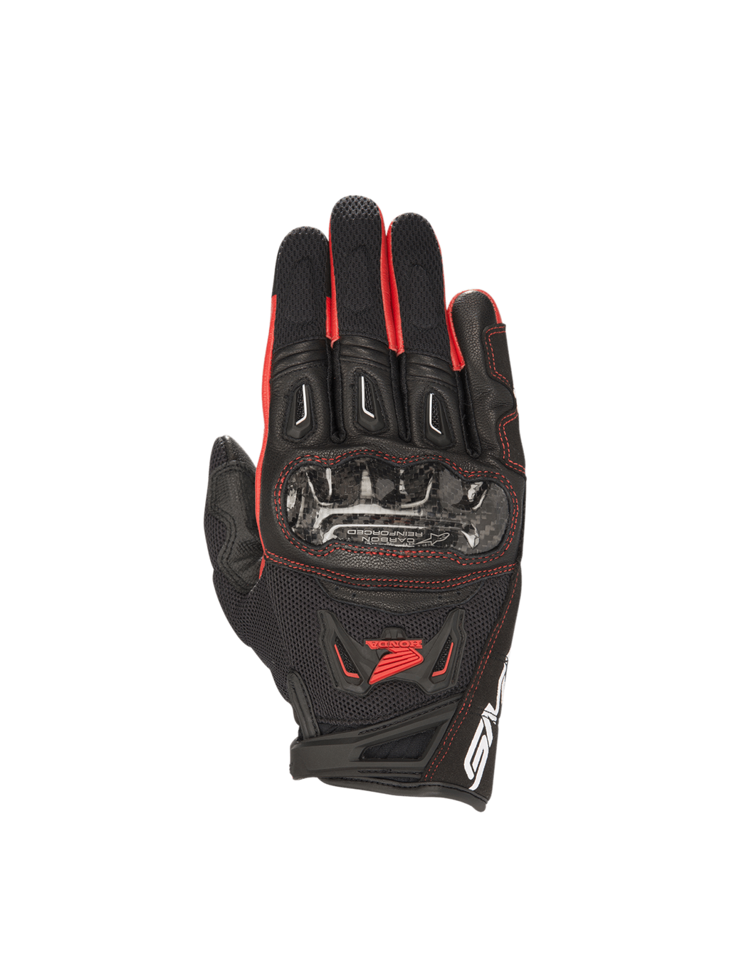 Alpinestars Honda SMX-2 Air Carbon V2 motorhandschoenen voor heren, zwart en rood, met carbon knokkelbescherming.