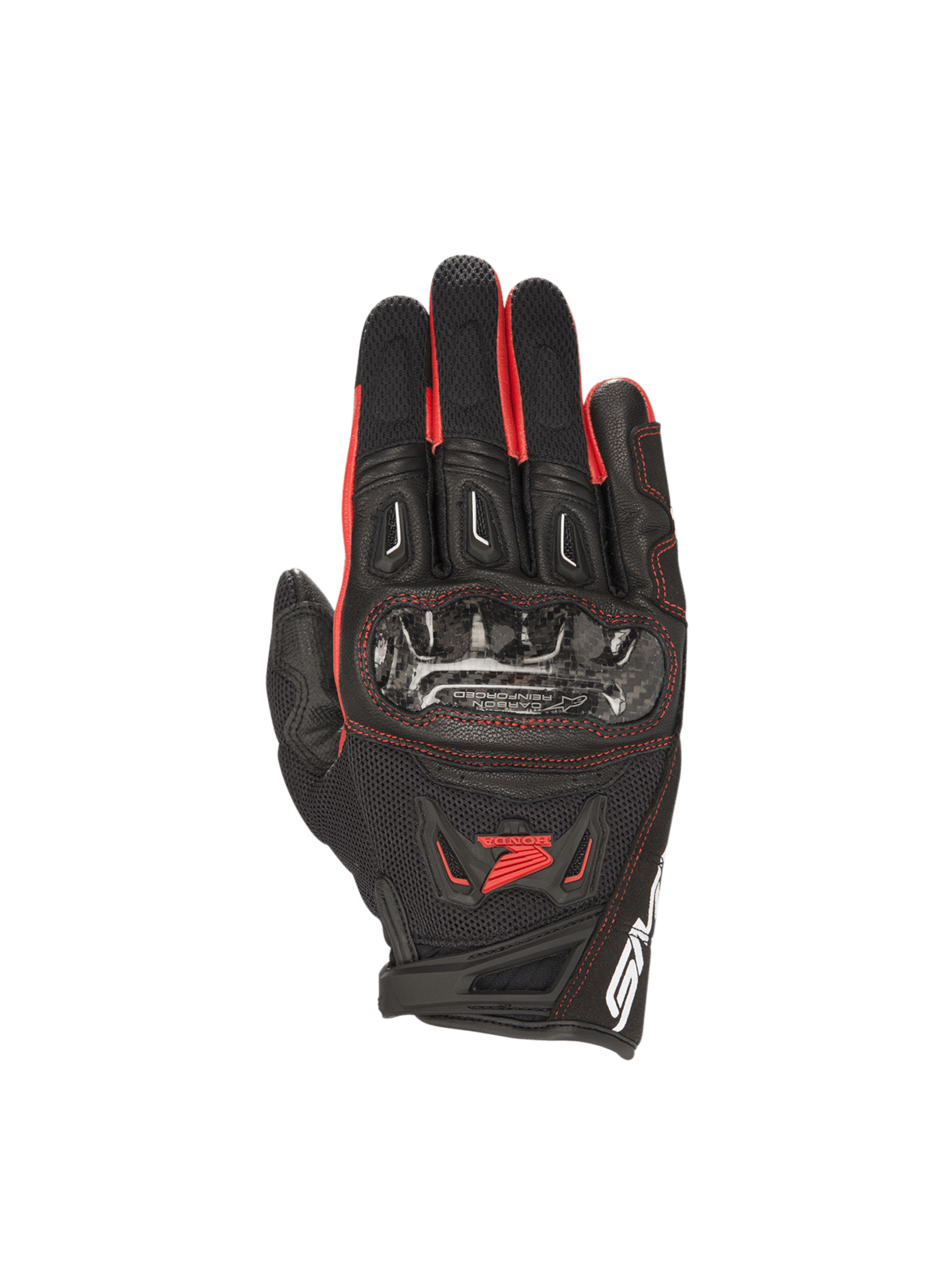 Alpinestars Honda SMX-2 Air Carbon V2 motorhandschoenen voor heren, zwart en rood, met carbon knokkelbescherming.