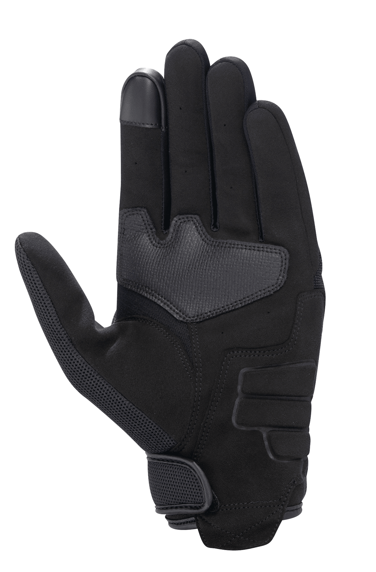 Alpinestars Honda Copper handschoen, zwart, handpalmweergave van een stedelijke motorhandschoen met synthetisch suède constructie, versterkt handpalmgebied, touchscreen-compatibele vingertop en klittenbandsluiting bij de pols.