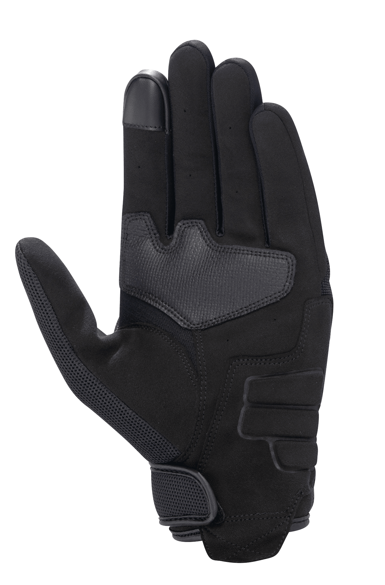 Alpinestars Honda Copper handschoen, zwart, handpalmweergave van een stedelijke motorhandschoen met synthetisch suède constructie, versterkt handpalmgebied, touchscreen-compatibele vingertop en klittenbandsluiting bij de pols.