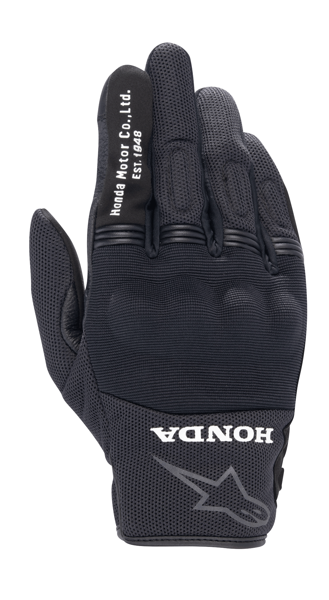 Alpinestars Honda Copper Glove, Black Urban Motorcycle Glove, textured mesh construction, white 'Honda Motor Co. Ltd. Est. 1948' text on the index finger, 'HONDA' logo and Alpinestars star outline on the wrist, hard knuckle protection, lightweight gear for road riding