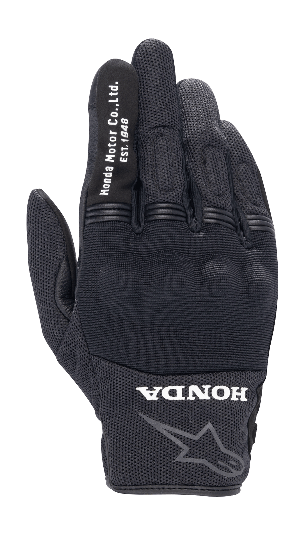 Alpinestars Honda Copper handschoen, zwarte urban motorhandschoen, gestructureerde mesh constructie, witte 'Honda Motor Co. Ltd. Est. 1948' tekst op de wijsvinger, 'HONDA' logo en Alpinestars ster-omtrek op de pols, harde knokkelbescherming, lichtgewicht uitrusting voor rijden op de weg