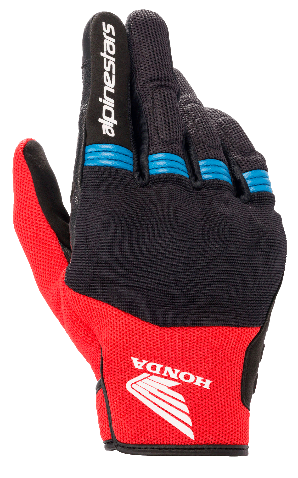 Alpinestars Honda Copper Handschuhe, Motorradhandschuhe, Schwarz und leuchtendes Rot mit blauen Akzenten, mit Honda-Flügel-Logo auf dem Handrücken, Alpinestars-Logo auf dem Zeigefinger, Mesh-Gewebe mit Akkordeon-Einsätzen an den Fingern, kurzes Bündchen im urbanen Stil