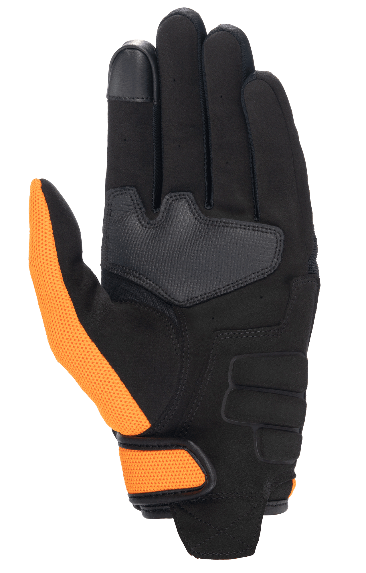 Honda Copper motorhandschoen, zwart met oranje accenten, zicht op de handpalm met synthetisch suède, oranje mesh duim en polsband, en touchscreen-compatibele wijsvingertop.