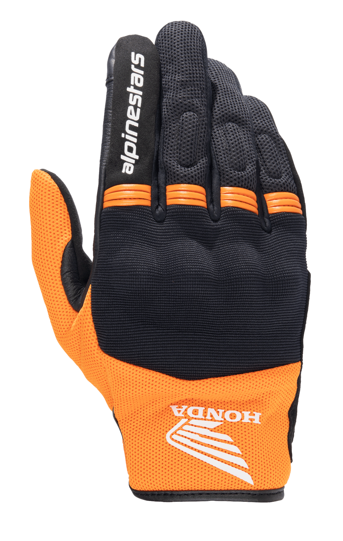 Gants Alpinestars Honda Copper, gants de moto urbains légers, noir et orange, avec le logo Honda sur le poignet, lettrage Alpinestars sur l'index, construction en mesh et panneaux en accordéon orange sur les articulations