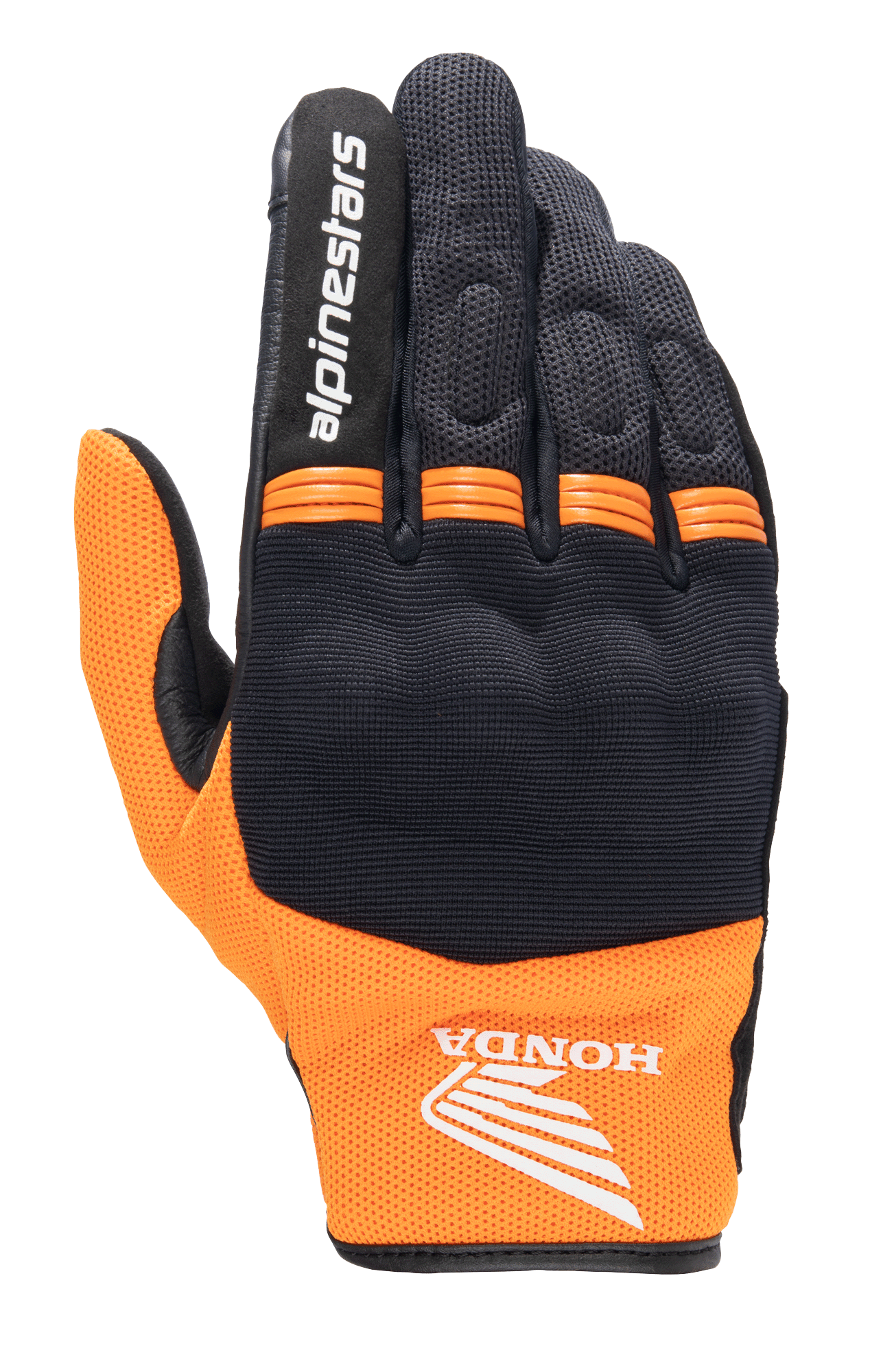 Alpinestars Honda Copper motorhandschoen, lichte stedelijke handschoen, zwart en oranje, met Honda wing-logo op de pols, Alpinestars-tekst op de wijsvinger, mesh-constructie en oranje accordeonpanelen op de knokkels.